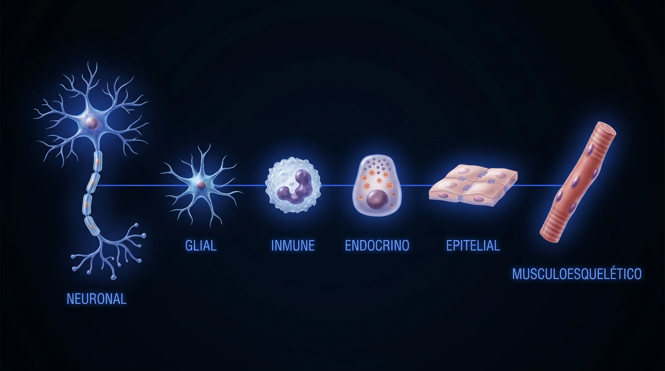 Seis c&eacute;lulas humanas representativas etiquetadas como neuronal, glial, inmune, endocrino, epitelial y musculoesquel&eacute;tico sobre fondo oscuro.