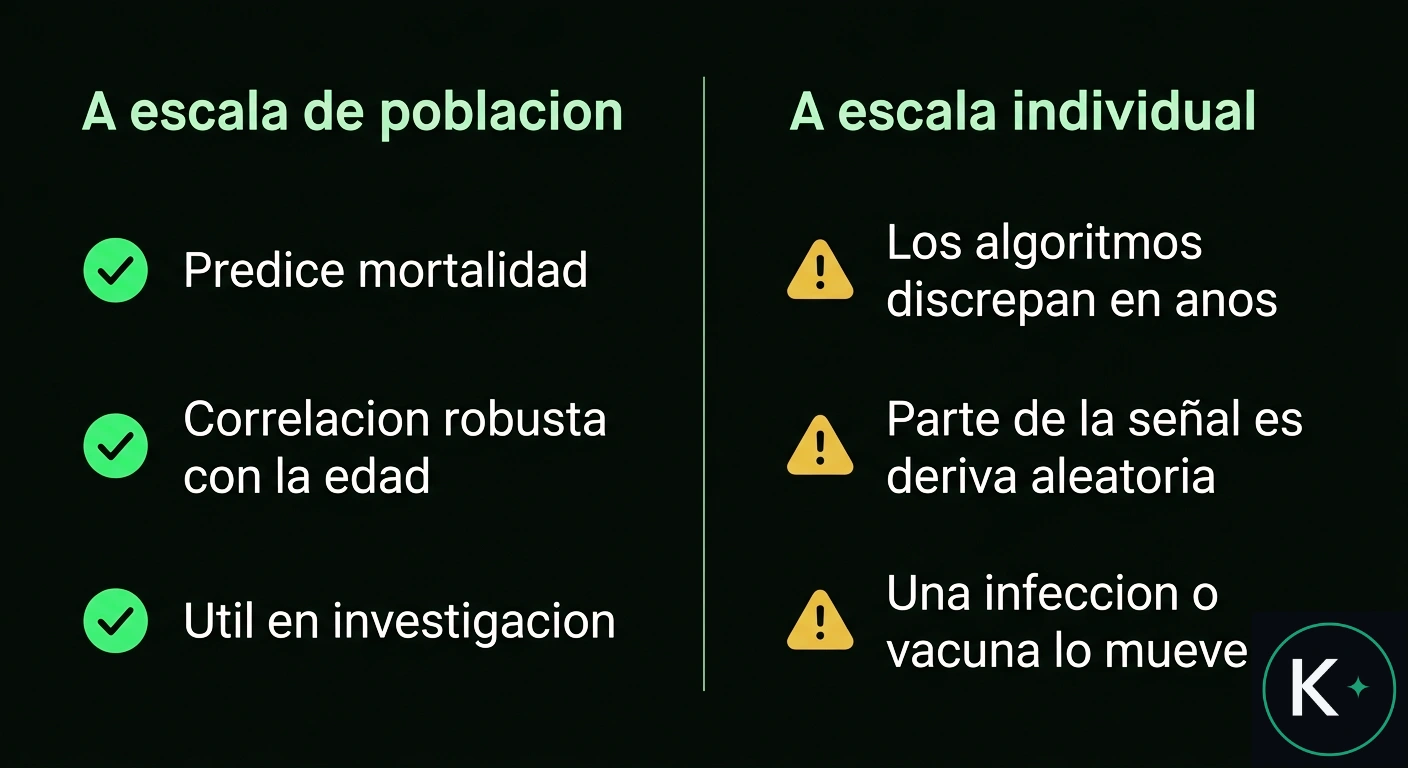 Diagrama de dos columnas que contrasta la utilidad poblacional de la edad biológica (predice mortalidad, correlación robusta) con sus límites individuales (los algoritmos discrepan, deriva aleatoria, estados agudos la mueven).