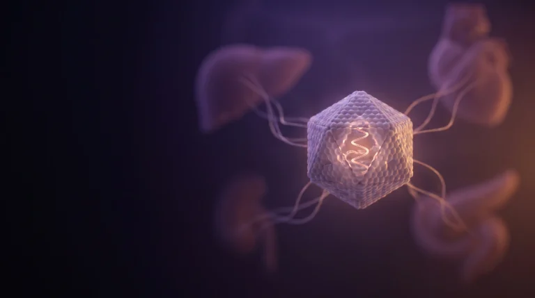 Cápside icosaédrica de un virus adenoasociado semitransparente con una hebra de código genético en su interior sobre fondo oscuro, una representación del vector AAV.