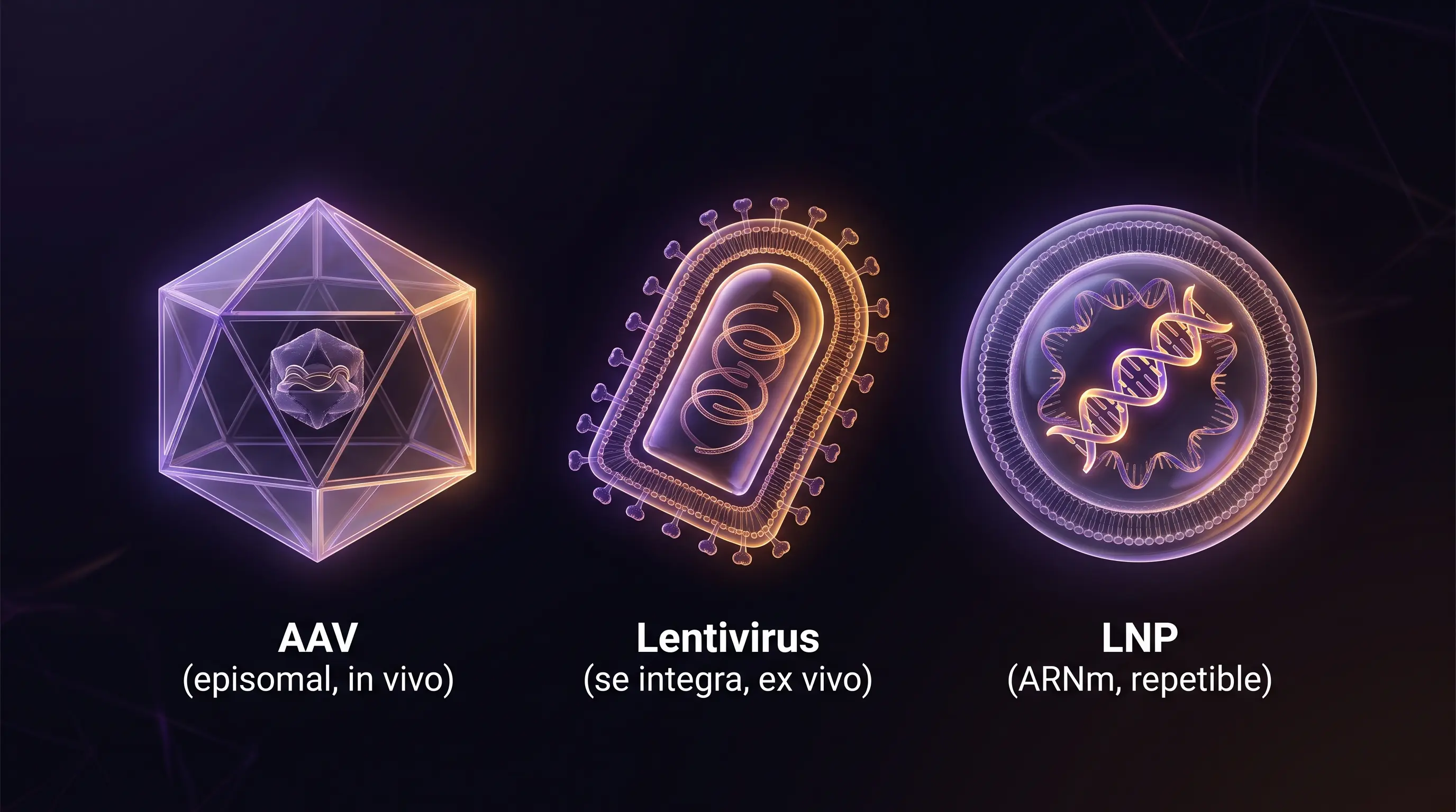 Comparaci&oacute;n de tres veh&iacute;culos de entrega gen&eacute;tica, c&aacute;pside AAV, lentivirus y nanopart&iacute;cula lip&iacute;dica, con etiquetas que resumen sus diferencias.