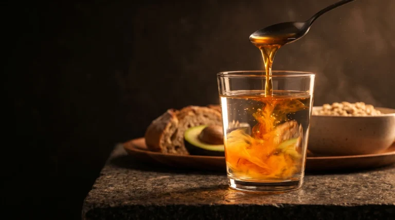 Vinagre de manzana de color ámbar se disuelve en remolinos dentro de un vaso de agua sobre fondo oscuro, junto a una comida desenfocada al fondo.