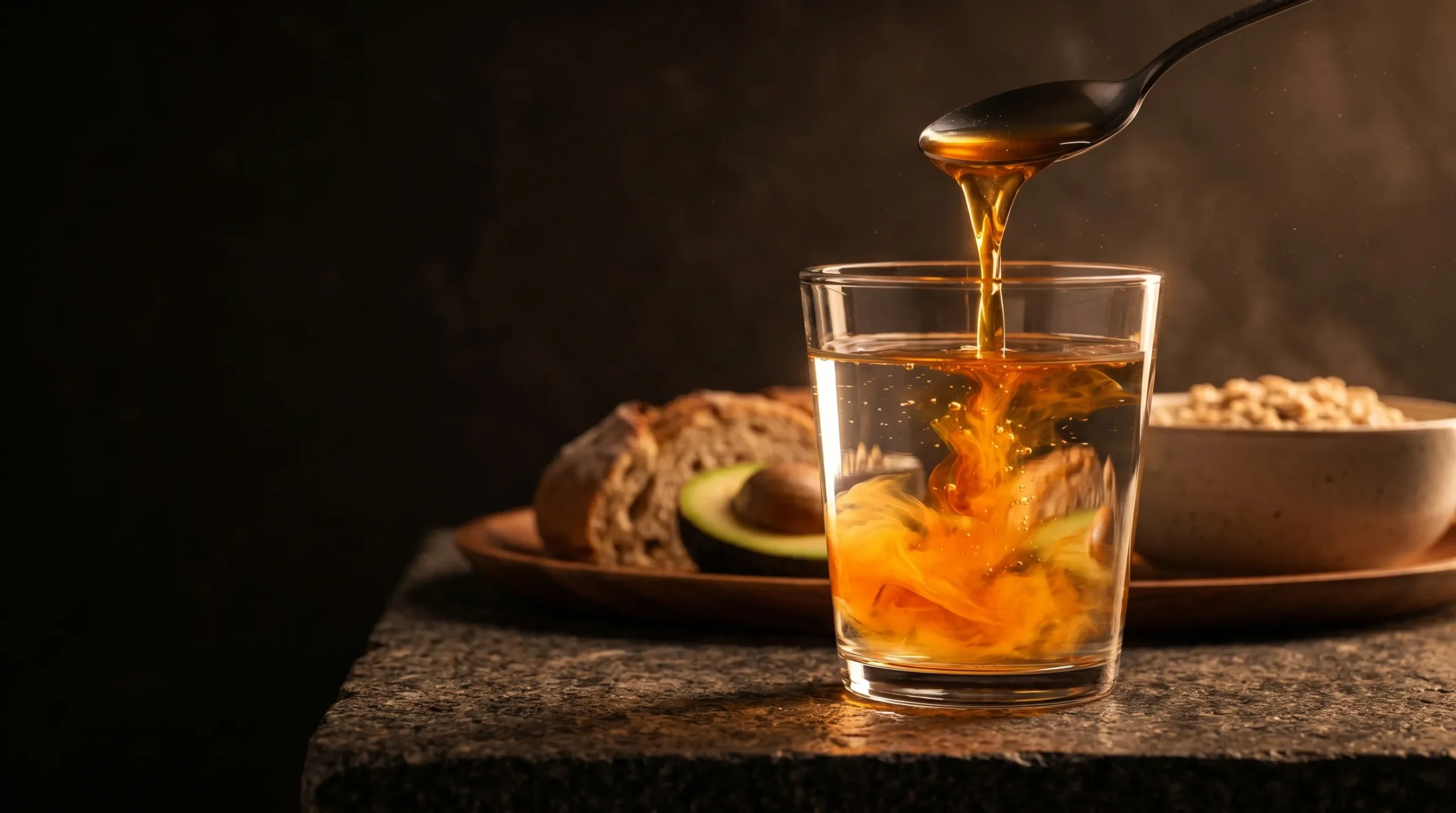 Vinagre de manzana de color ámbar se disuelve en remolinos dentro de un vaso de agua sobre fondo oscuro, junto a una comida desenfocada al fondo.