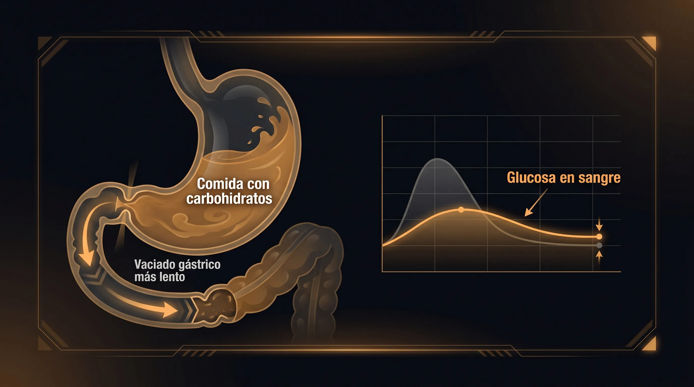 Diagrama de un estómago con una comida de carbohidratos, el vaciado gástrico ralentizado por el vinagre y una curva de glucosa en sangre más baja y plana frente al pico sin vinagre.
