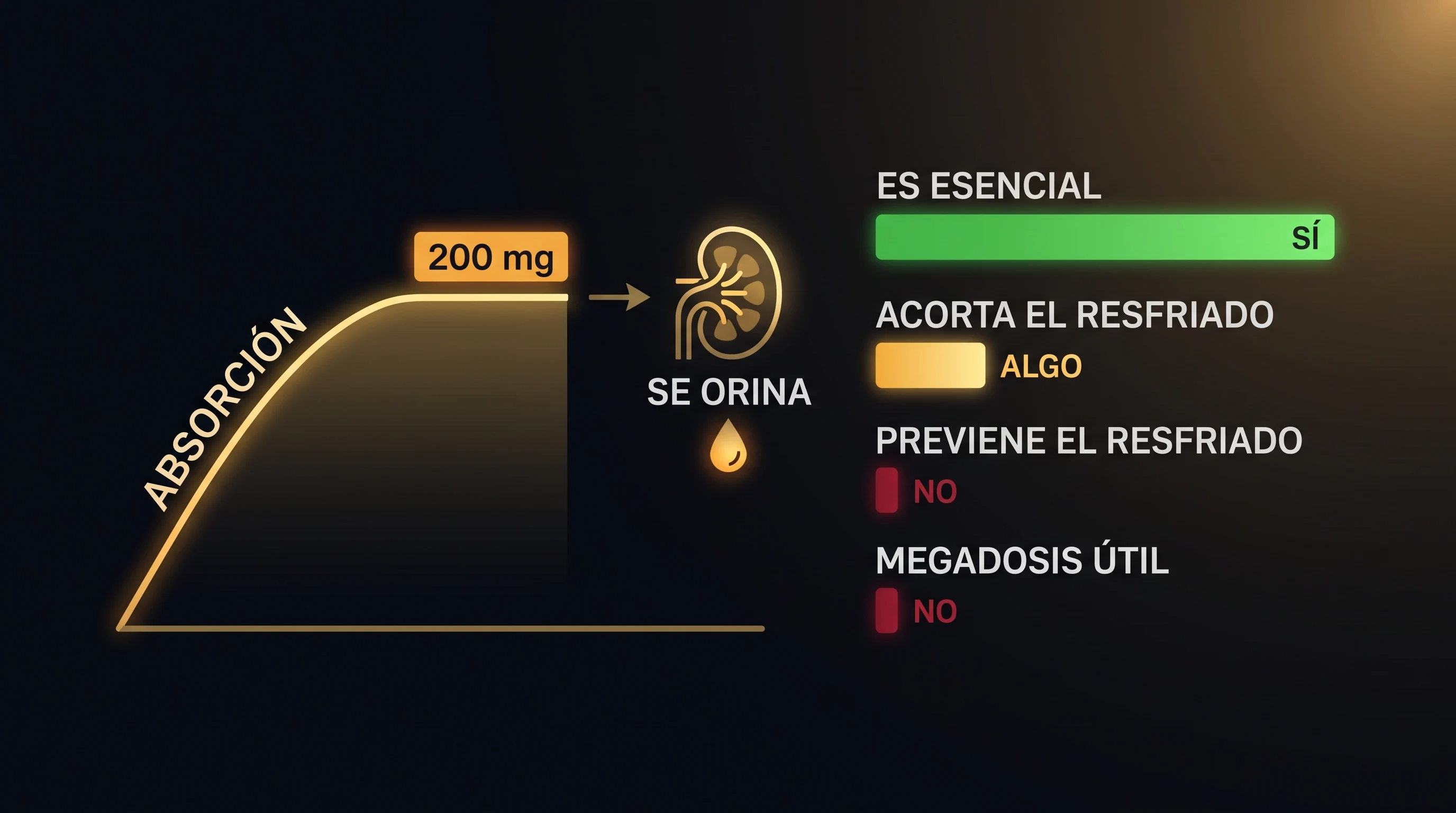 Diagrama que muestra la curva de absorción de la vitamina C que se aplana hacia los 200 mg y el exceso que se orina, junto a barras que indican que es esencial pero que no previene el resfriado ni las megadosis aportan más.