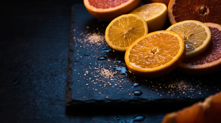 Cítricos abiertos con zumo y polvo cristalino de vitamina C bajo una luz dramática, que evoca la abundancia del nutriente en la fruta y la verdura.