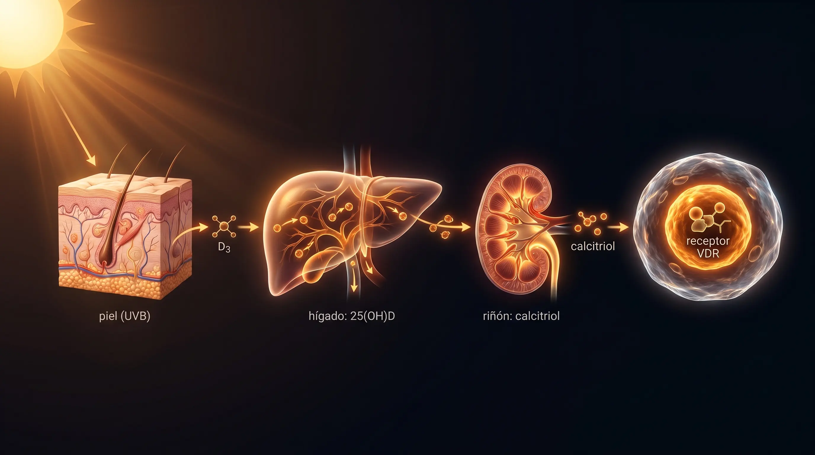 Diagrama de la activaci&oacute;n de la vitamina D: piel, h&iacute;gado que produce 25-hidroxivitamina D, ri&ntilde;&oacute;n que produce calcitriol y uni&oacute;n al receptor VDR.