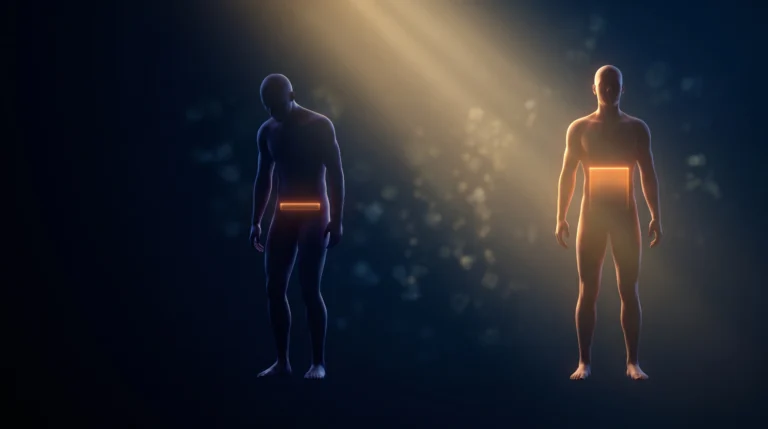 Escena conceptual con una silueta en penumbra que representa el déficit de vitamina D y la misma silueta iluminada que representa la repleción, donde aportar más ya no añade beneficio.