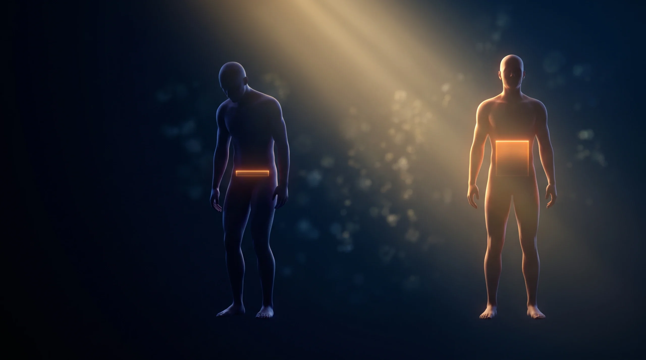 Escena conceptual con una silueta en penumbra que representa el déficit de vitamina D y la misma silueta iluminada que representa la repleción, donde aportar más ya no añade beneficio.