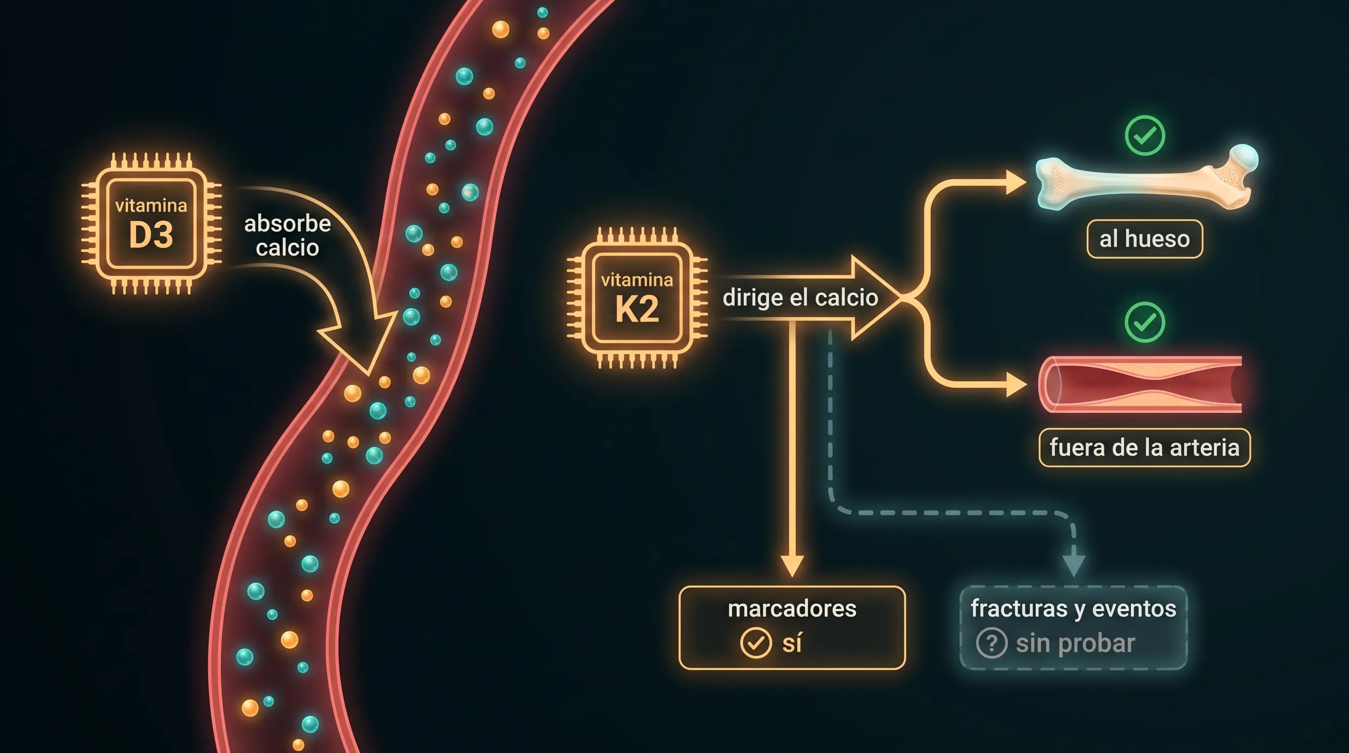 Diagrama en el que la vitamina D3 absorbe el calcio a la sangre y la vitamina K2 lo dirige al hueso y fuera de la arteria, con los marcadores marcados como sí y las fracturas y eventos como no probados.