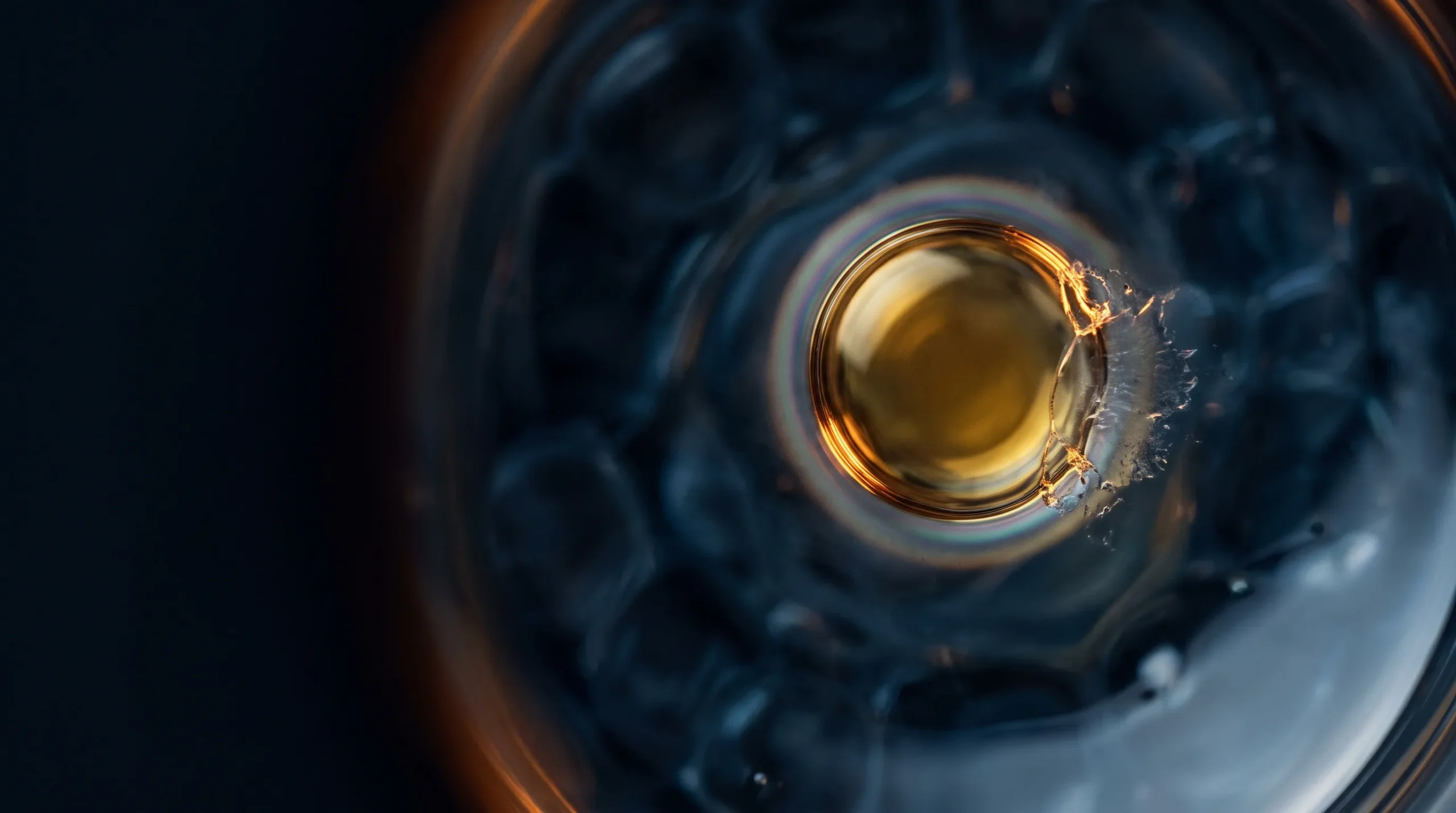Gota de aceite dorada con un halo protector que se resquebraja en un borde, sobre fondo azul oscuro, evocando la promesa antioxidante que no se sostiene.