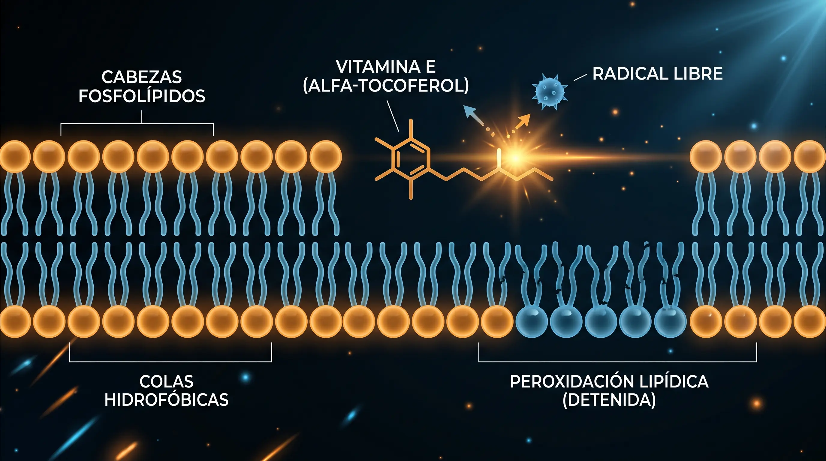 Diagrama de una membrana celular con vitamina E interceptando un radical libre y frenando la peroxidación de los lípidos.