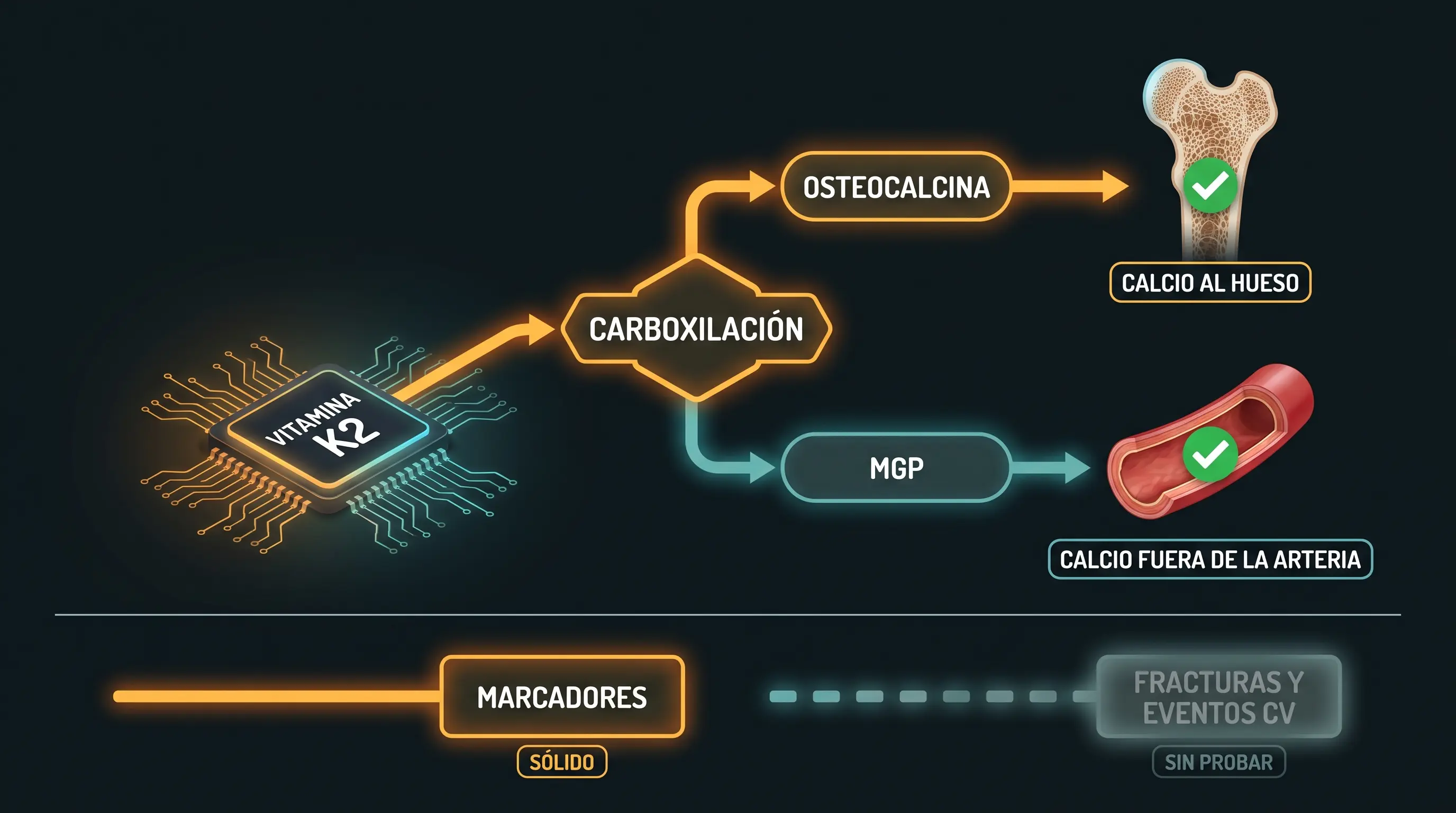 Diagrama de la vitamina K2 que activa por carboxilación la osteocalcina, que lleva calcio al hueso, y la MGP, que lo mantiene fuera de la arteria, con los marcadores marcados como sólidos y las fracturas y eventos como no probados.