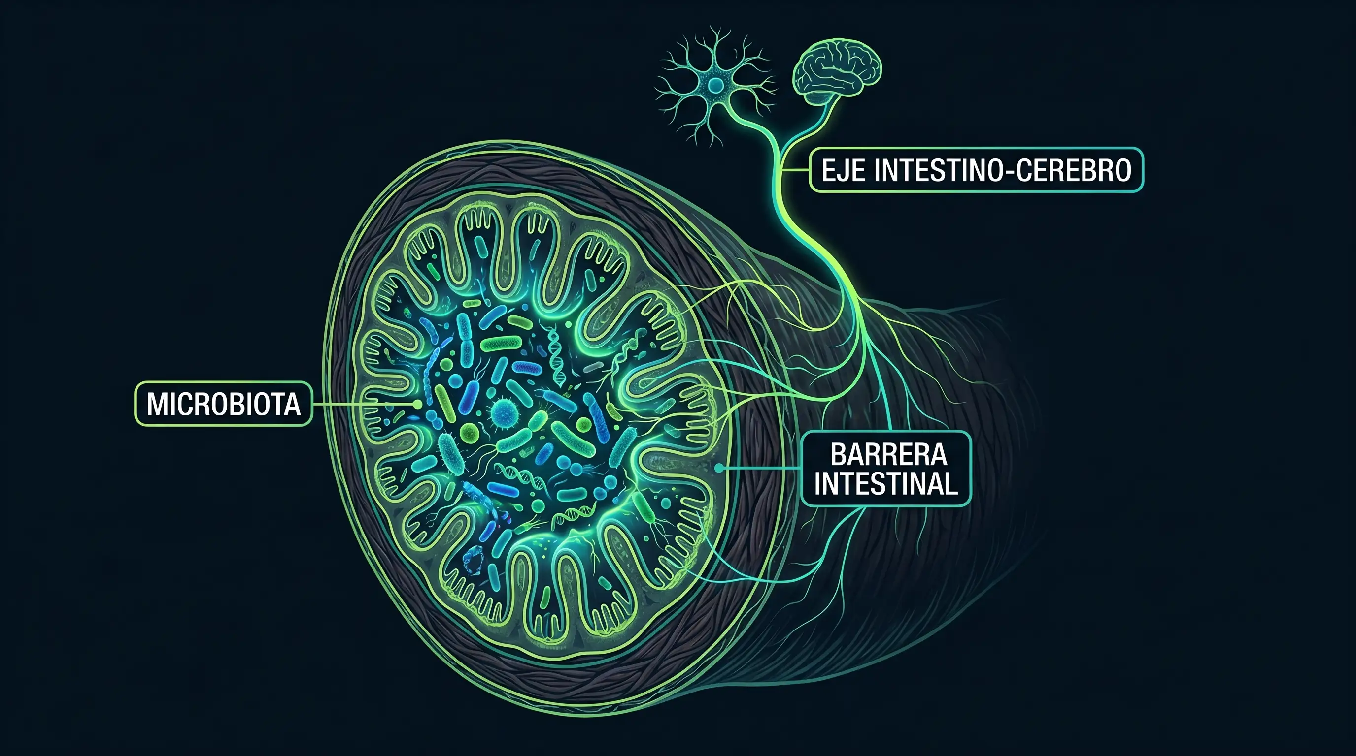 Ilustraci&oacute;n de la pared intestinal con microbiota y la barrera intestinal etiquetadas, el campo donde la divulgaci&oacute;n de Xevi Verdaguer pisa terreno m&aacute;s firme.