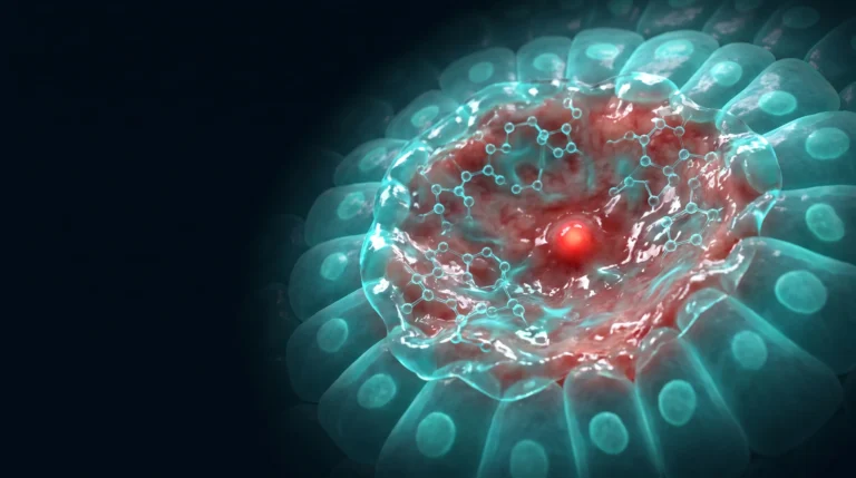 Ilustración de la zinc carnosina adherida a una lesión de la mucosa gástrica formando una película protectora sobre el epitelio dañado.