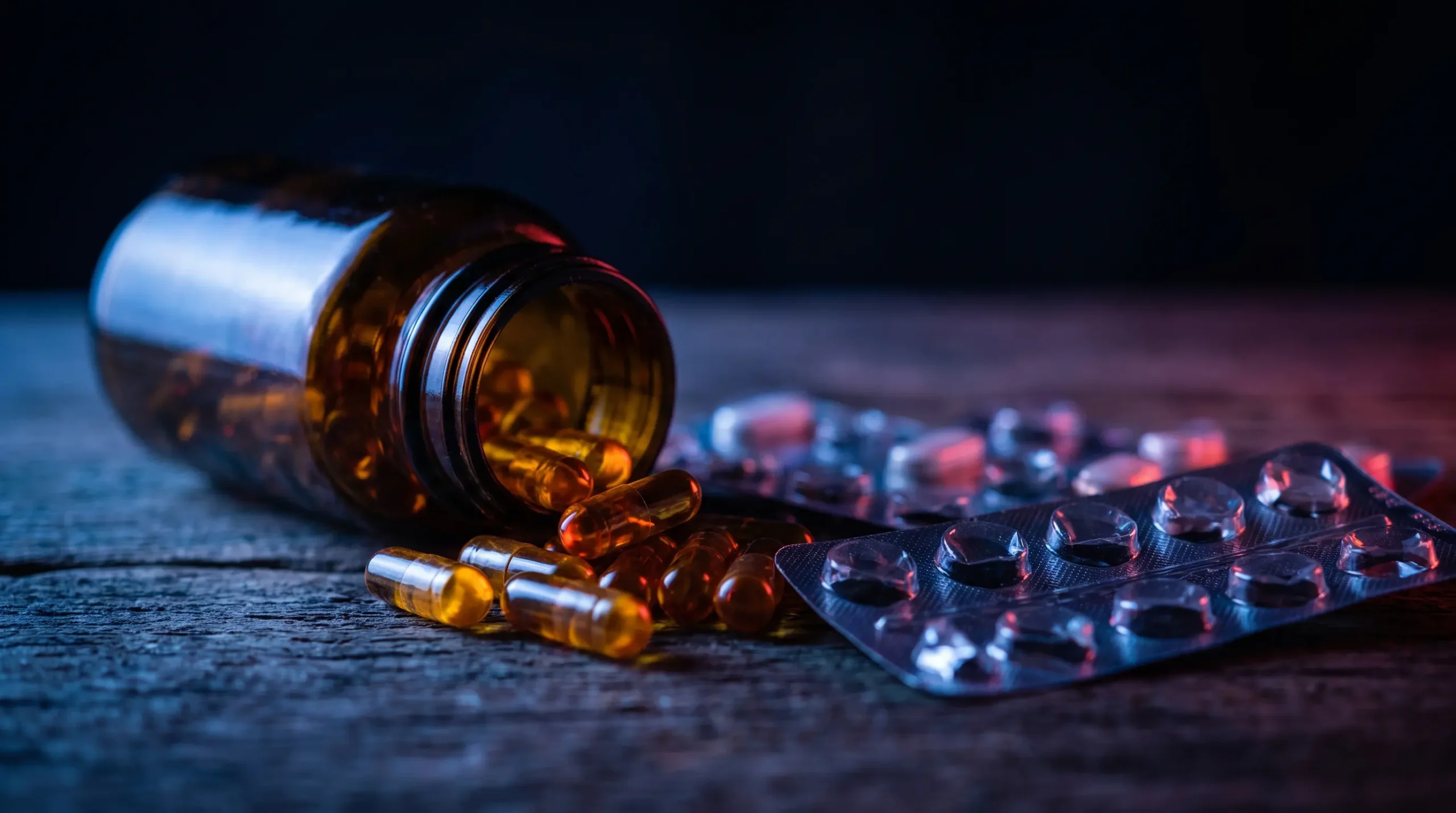 Cápsulas ámbar de suplemento saliendo de un bote junto a blísteres de medicación bajo una luz con matiz rojo de advertencia, que evoca el riesgo de mezclar el 5-HTP con antidepresivos.