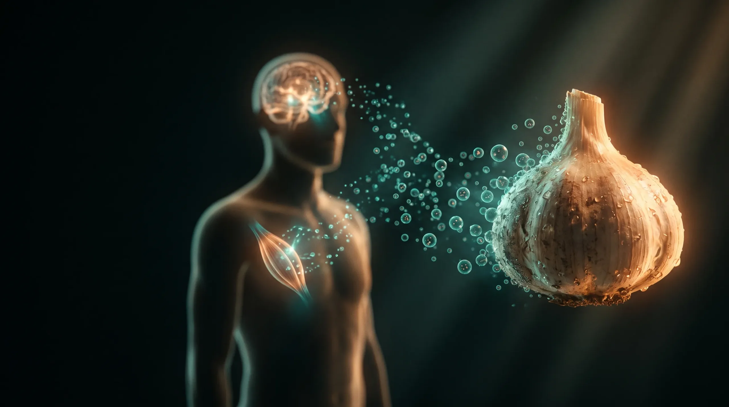 Un bulbo de ajo se deshace en vesículas luminosas que viajan hacia una silueta humana donde se iluminan el cerebro y un músculo, ilustrando la señal del S1PC del ajo envejecido.