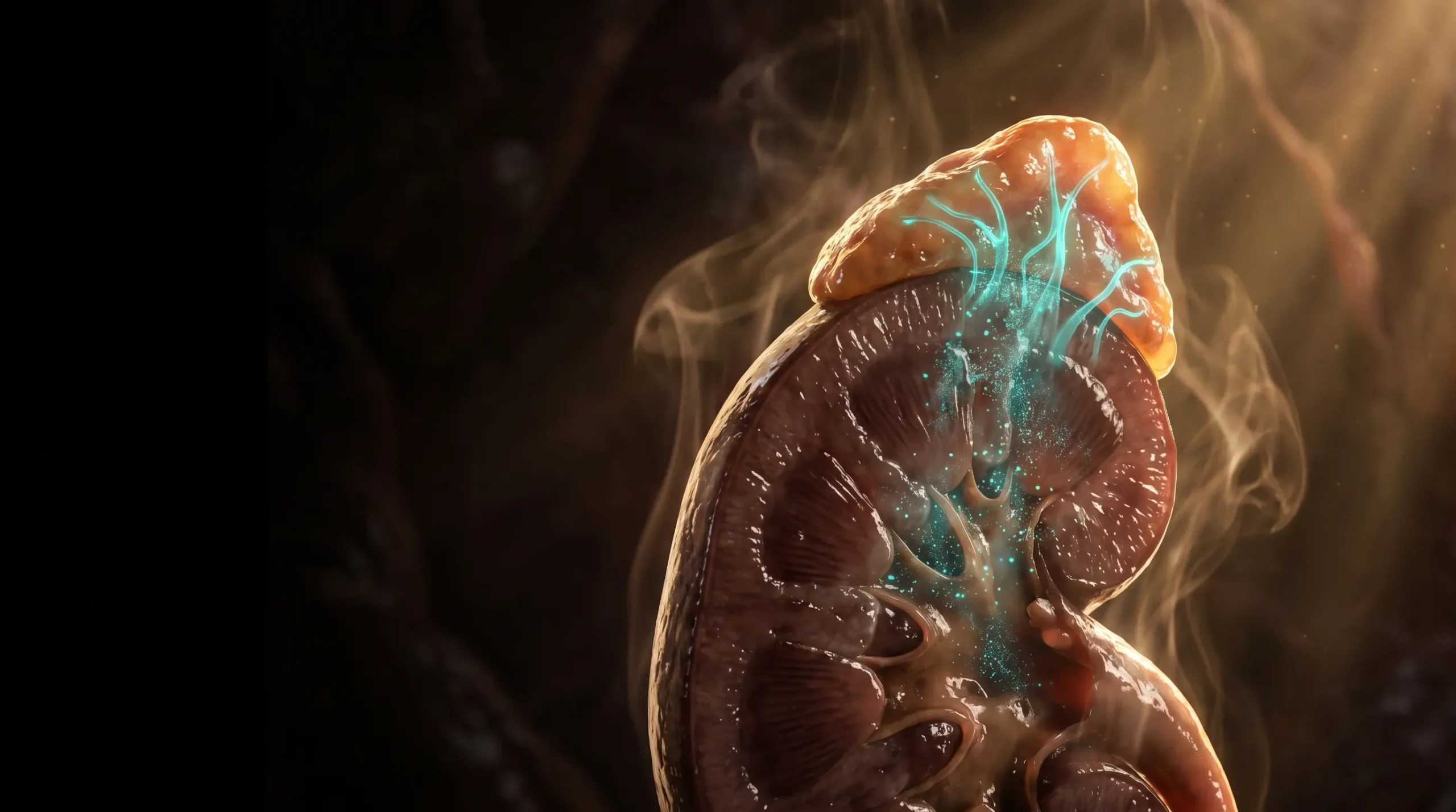 Glándula suprarrenal sobre un riñón liberando aldosterona hacia los túbulos, que ilustra su papel en el sodio y la tensión arterial.