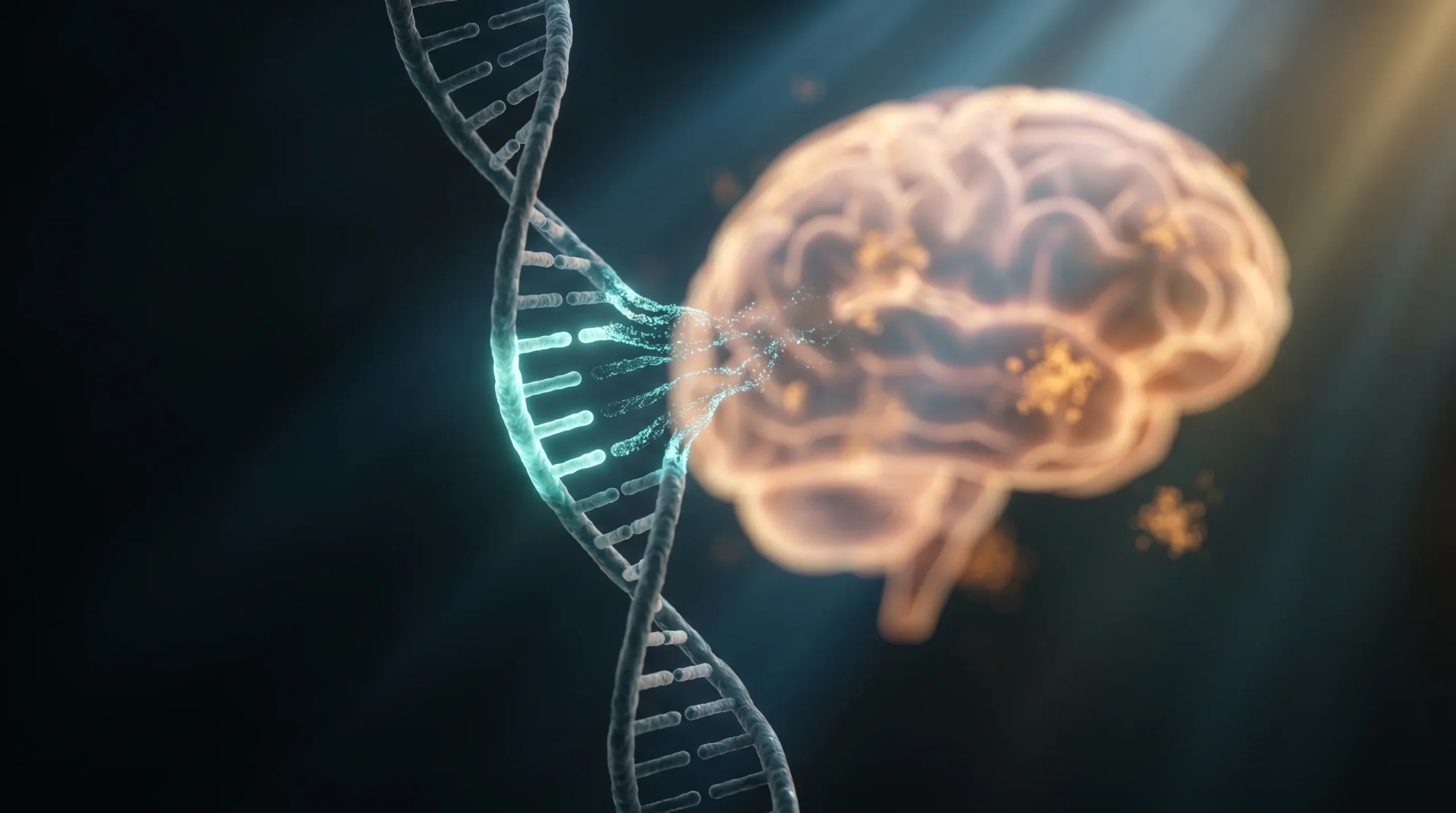 Ilustración de una hélice de ADN con un gen resaltado y un cerebro al fondo con depósitos de amiloide, que representa el gen APOE y el riesgo de Alzheimer.