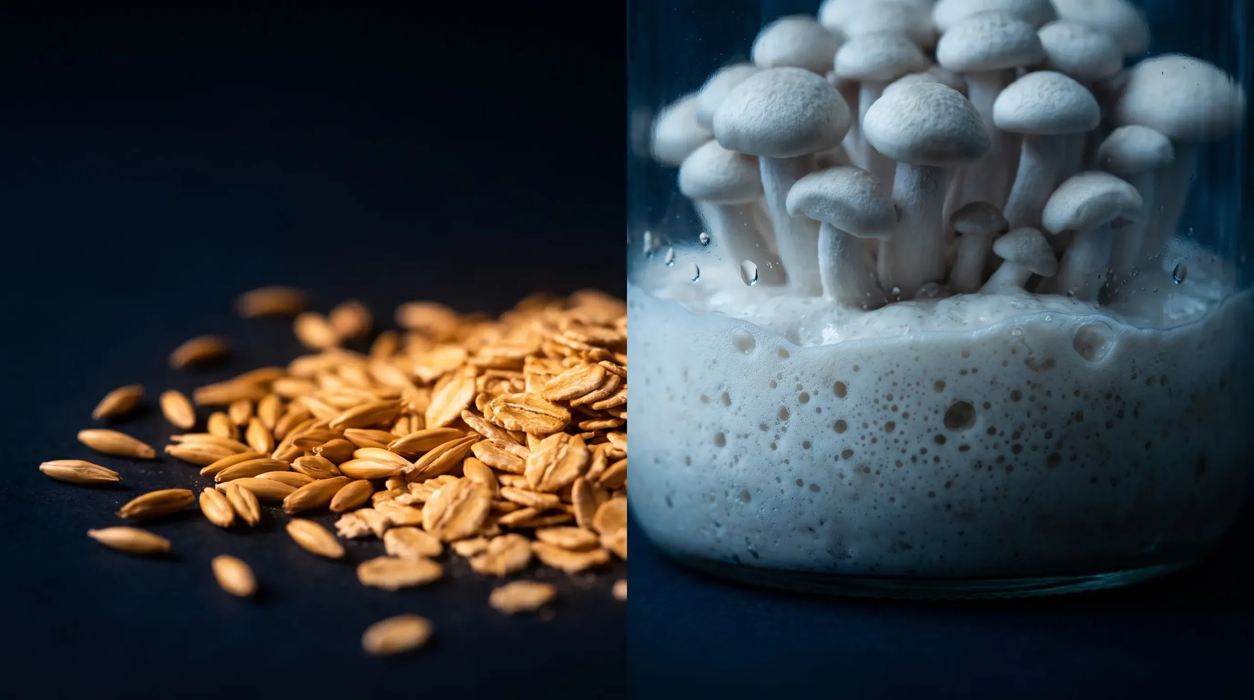 Composición dividida con granos de avena dorados a un lado y hongos pálidos al otro sobre fondo oscuro, que ilustra las dos fuentes distintas de beta-glucano.