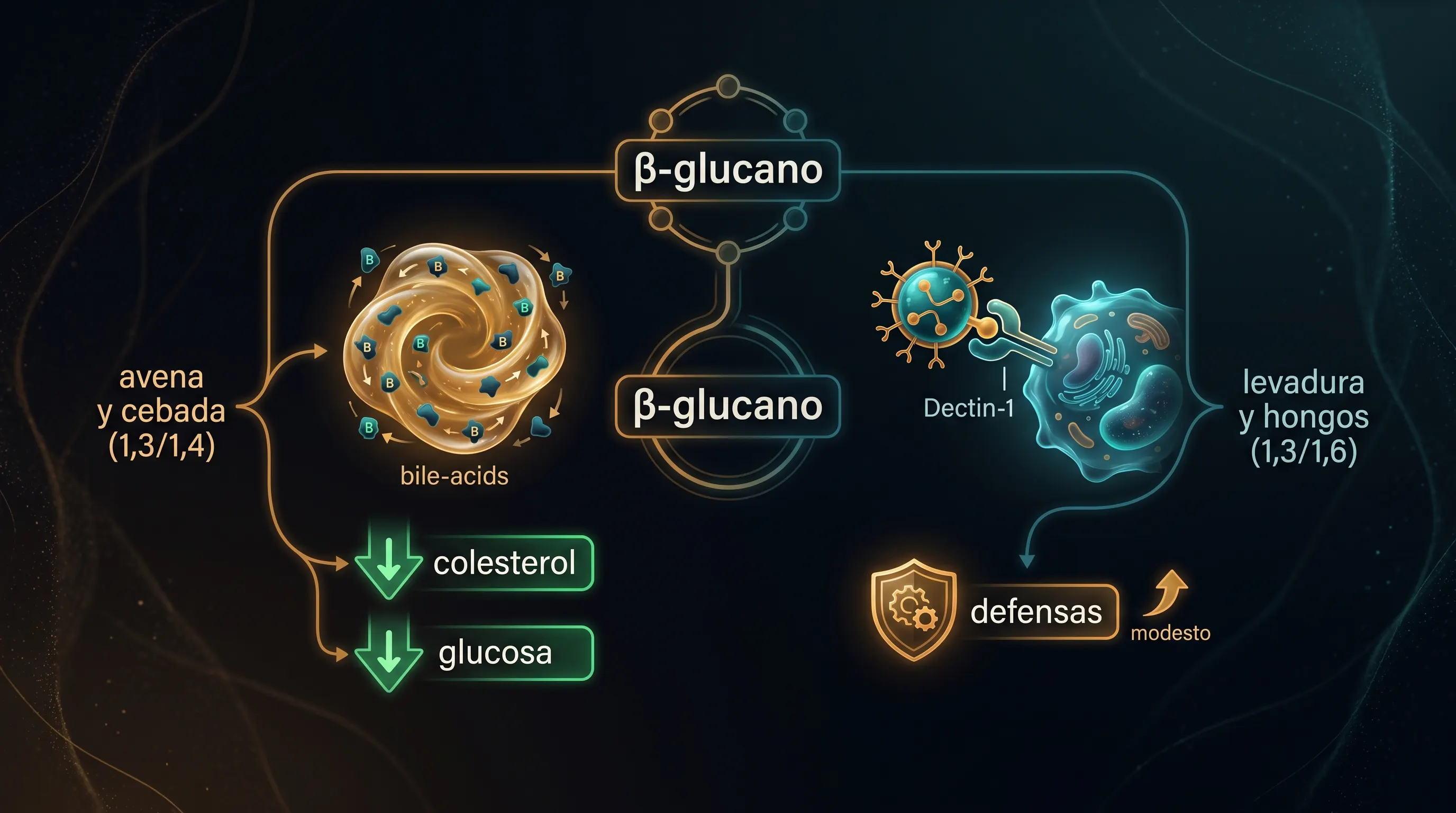 Diagrama que separa los dos beta-glucanos: el de avena y cebada que baja el colesterol y la glucosa, y el de levadura y hongos que actúa sobre las defensas vía el receptor Dectin-1 con un efecto modesto.
