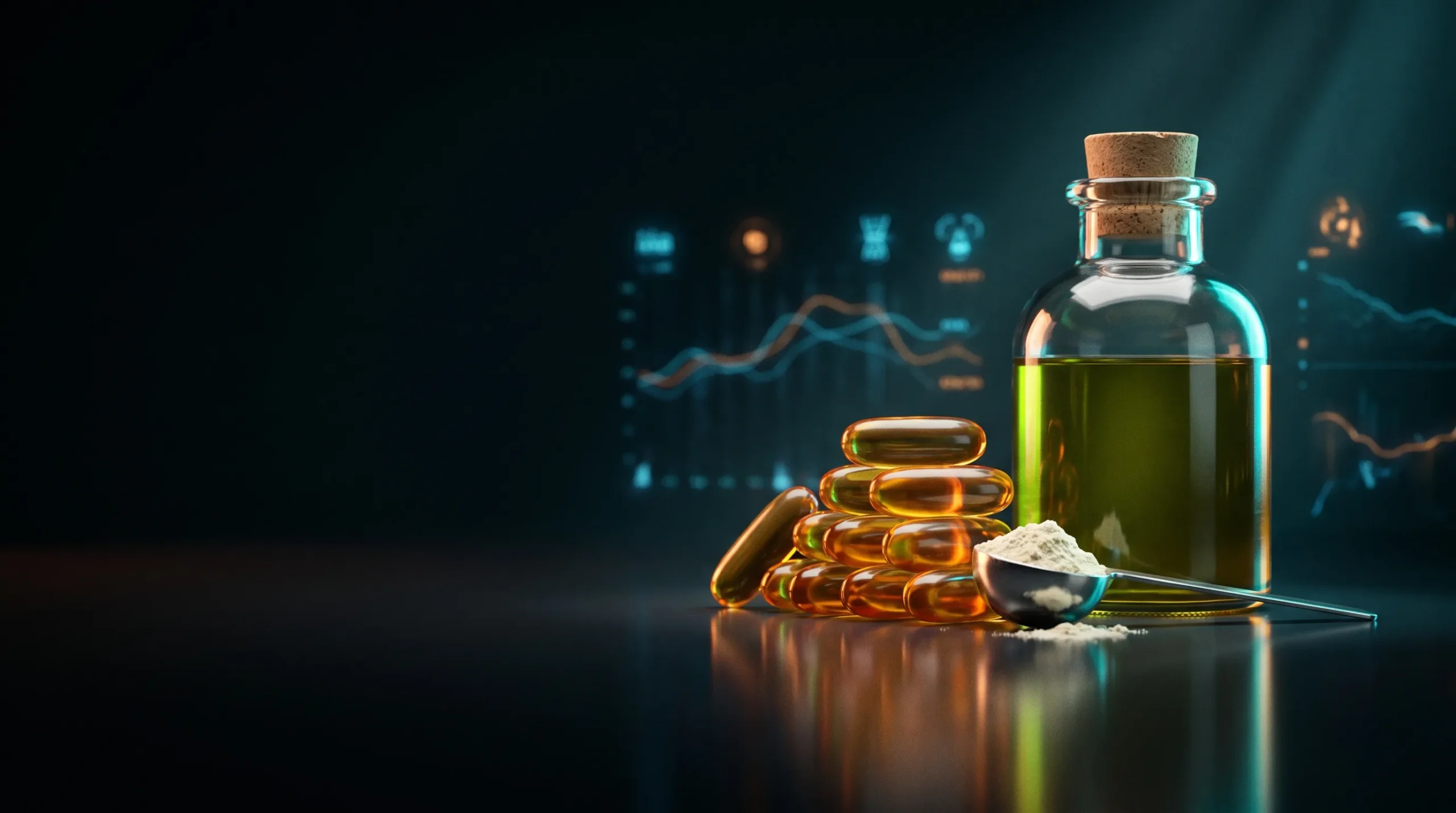 Cápsulas ámbar, polvo y una botella de aceite de oliva sobre una superficie oscura, ilustrando el stack de longevidad de Blueprint de Bryan Johnson.