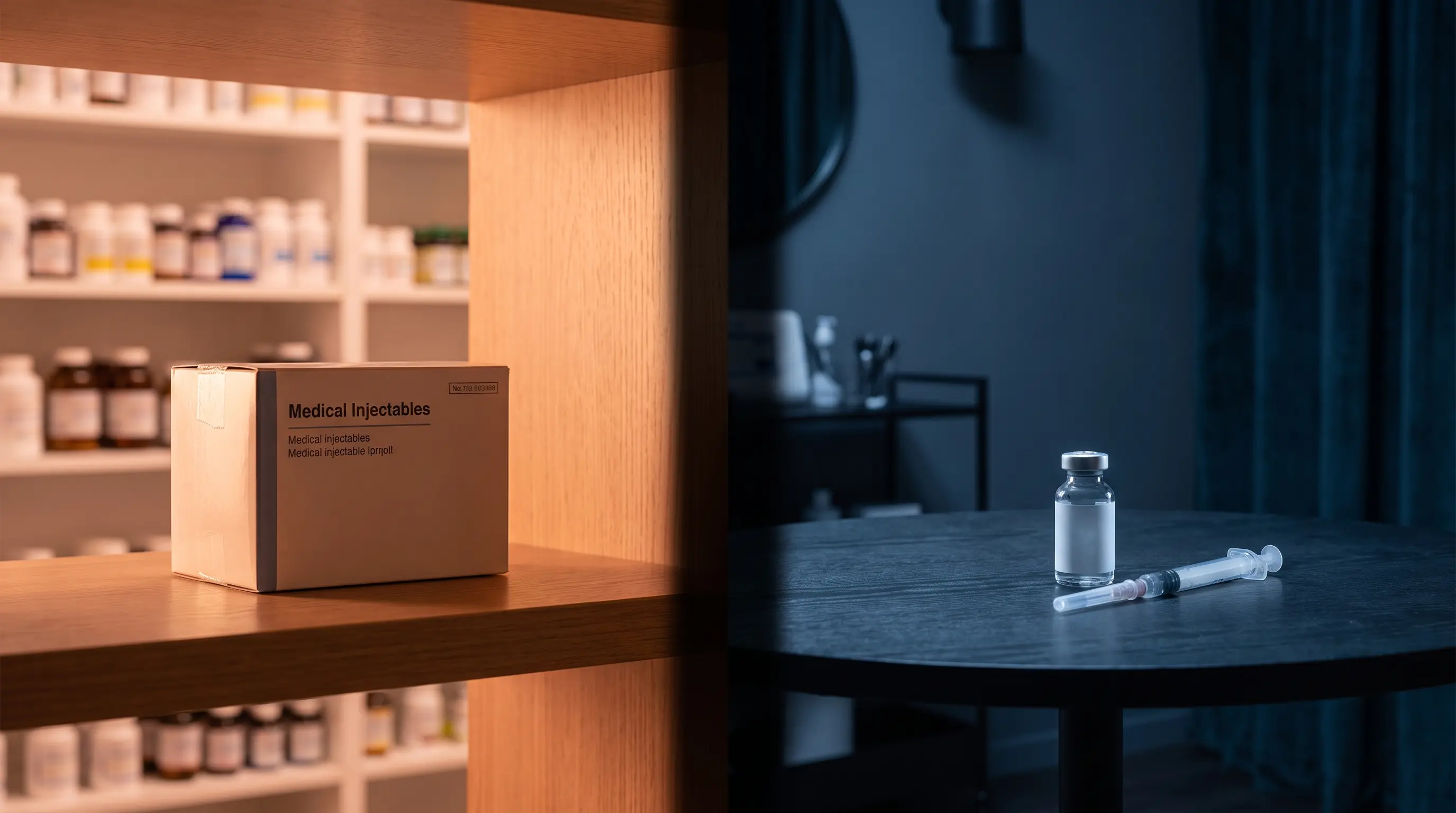 A la izquierda, una caja de inyectable sellada bajo luz c&aacute;lida de farmacia; a la derecha, un vial sin etiqueta y una jeringa suelta en una cl&iacute;nica en penumbra iluminada por luz azul fr&iacute;a, representando el mercado gris.