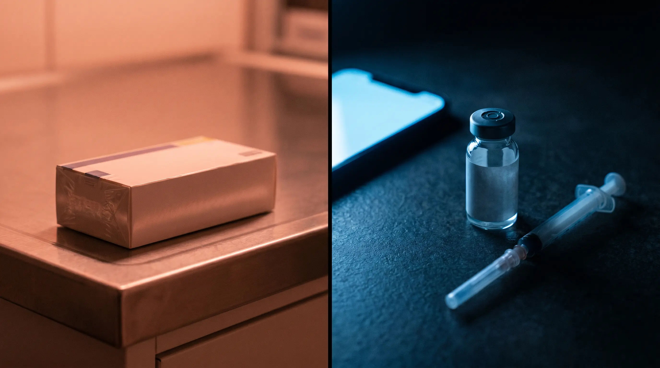 A la izquierda, una caja de inyectable sellada bajo luz cálida de farmacia; a la derecha, un vial sin etiqueta y una jeringa suelta iluminados por el brillo frío de un teléfono, representando el mercado gris.