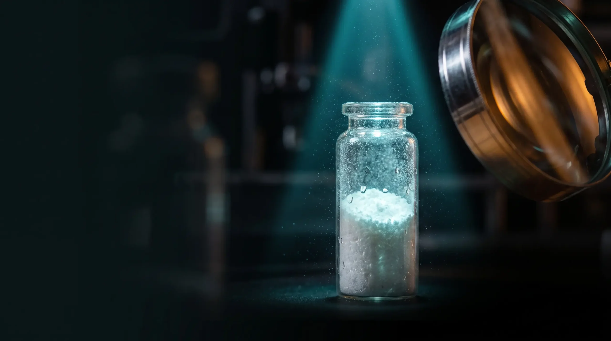 Vial de péptidos bajo una lente y luz analítica, que ilustra la verificación de un certificado de análisis real o falso.