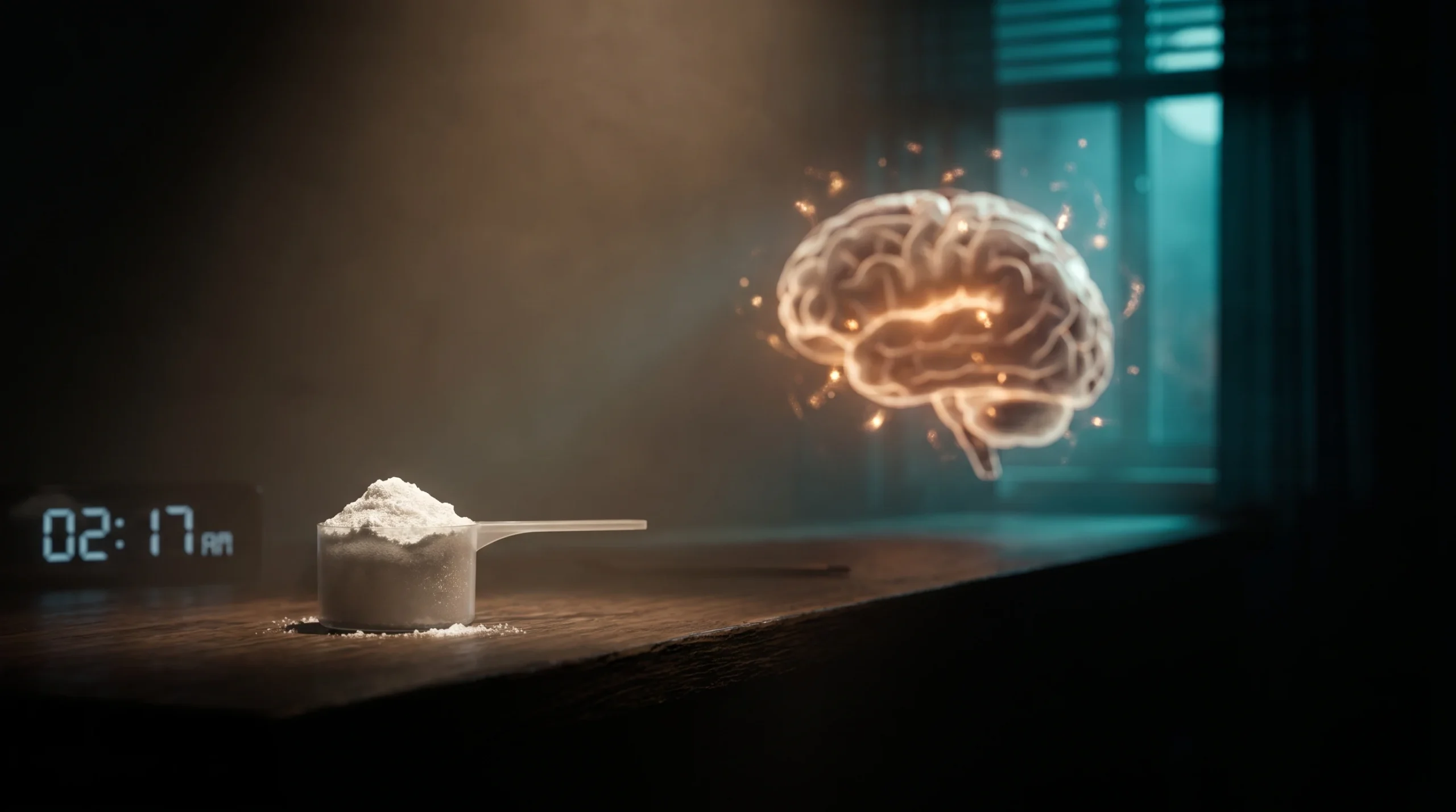 Ilustración de una cuchara de creatina en un escritorio de noche con un cerebro luminoso al fondo recargándose de energía, que representa la creatina y la falta de sueño.