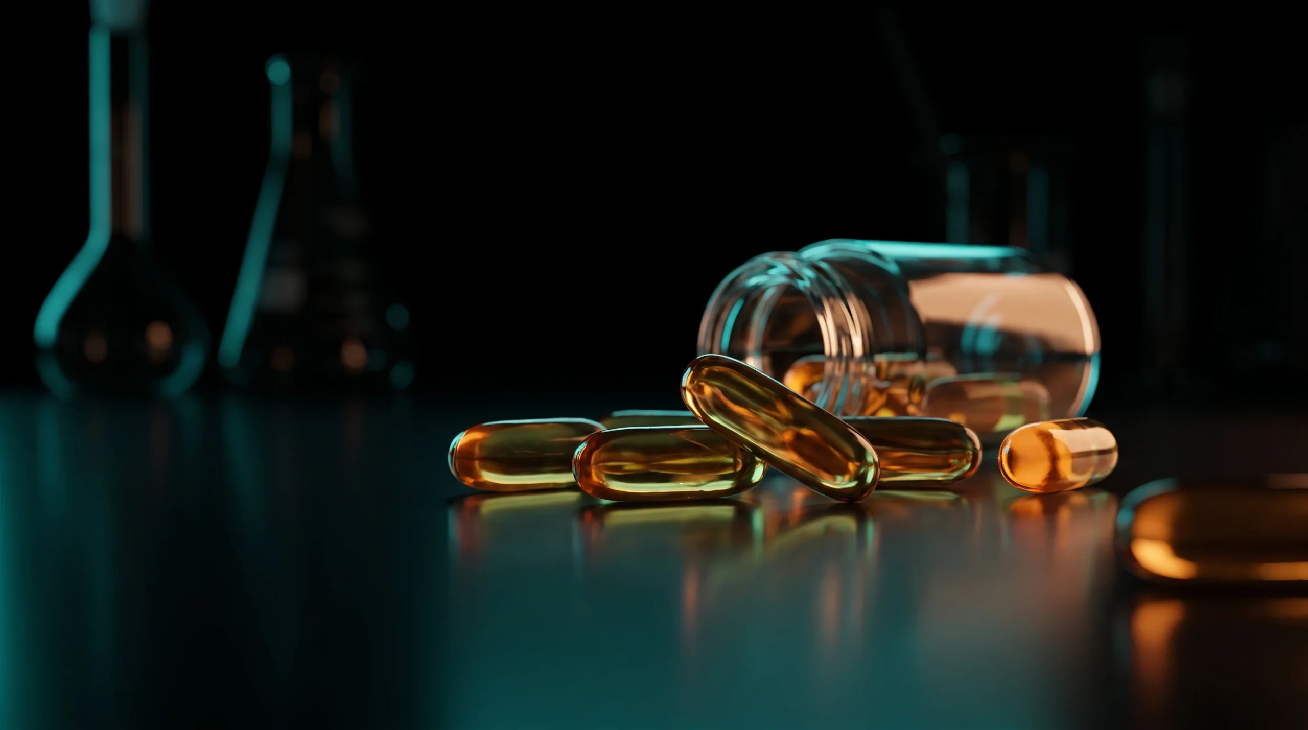 Cápsulas ámbar traslúcidas y un vial de laboratorio sobre una superficie oscura, ilustrando los suplementos de longevidad orales que vende DoNotAge.