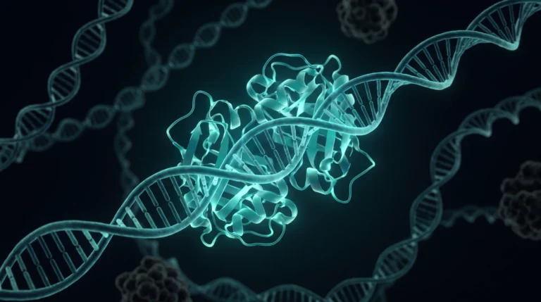 Ilustración de un receptor de estrógenos unido a la doble hélice del ADN, con la hormona en su bolsillo, dentro del núcleo de una célula.