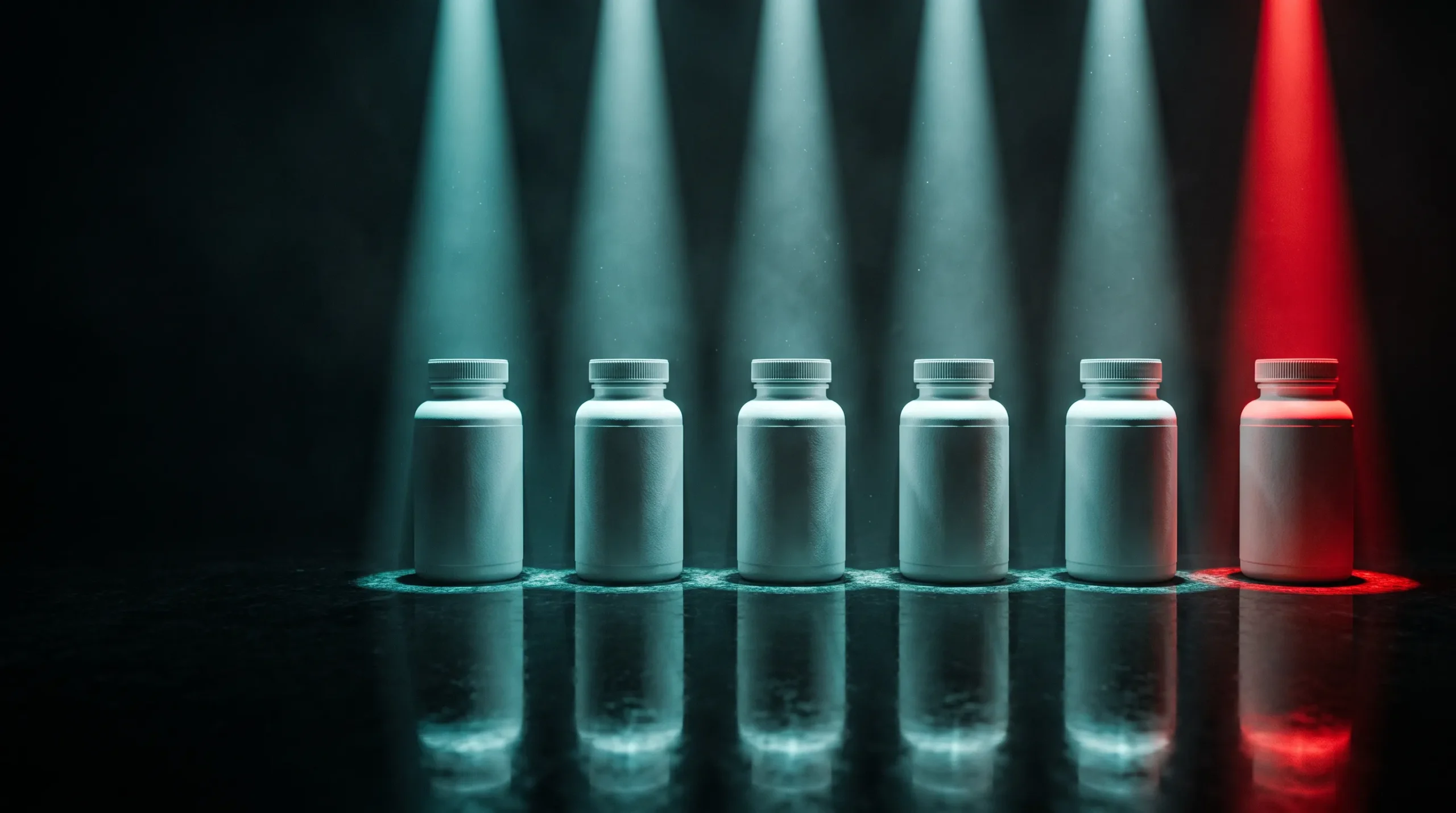 Botes idénticos de suplemento iluminados cada uno por un haz distinto separado por fronteras invisibles, ilustrando lo que supone exportar suplementos a LATAM bajo seis marcos legales.