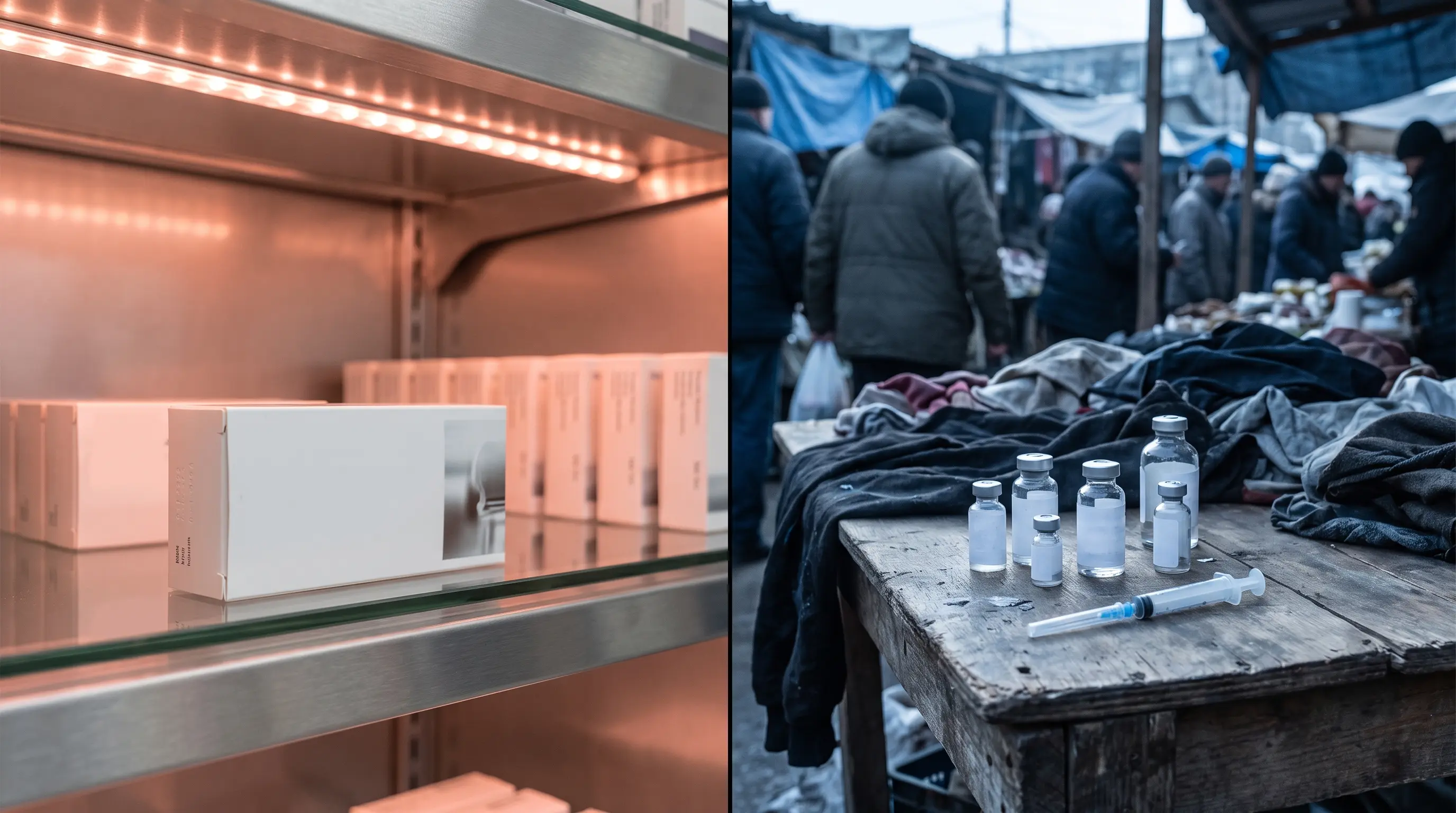 A la izquierda, una caja de inyectable sellada en un estante refrigerado de farmacia; a la derecha, viales sin etiqueta y una jeringa en un puesto de mercado informal fronterizo, representando el contrabando.