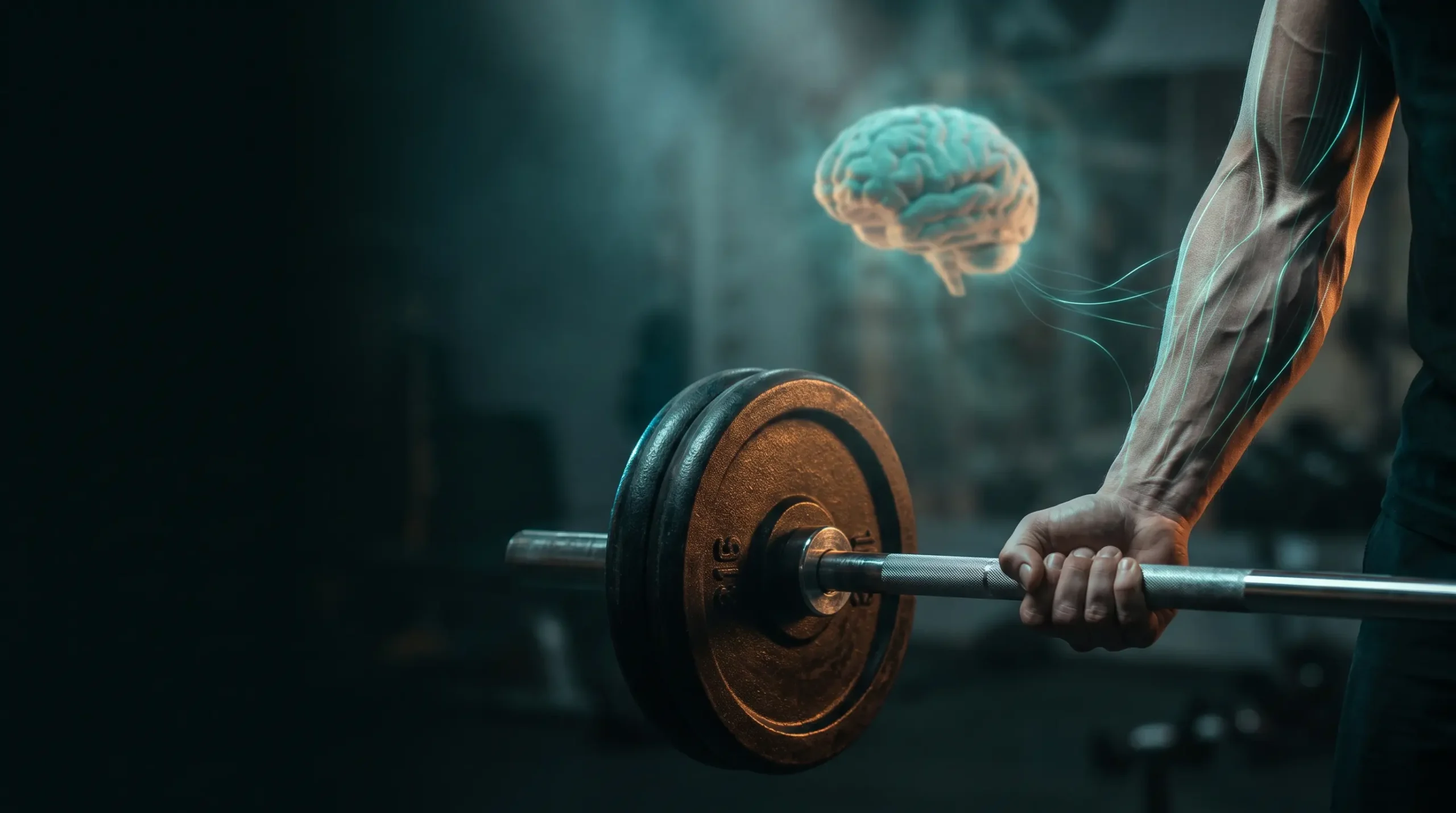 Ilustración de un antebrazo levantando una barra con un cerebro luminoso al fondo, conectados por hilos de luz, que representa la fuerza y la cognición.