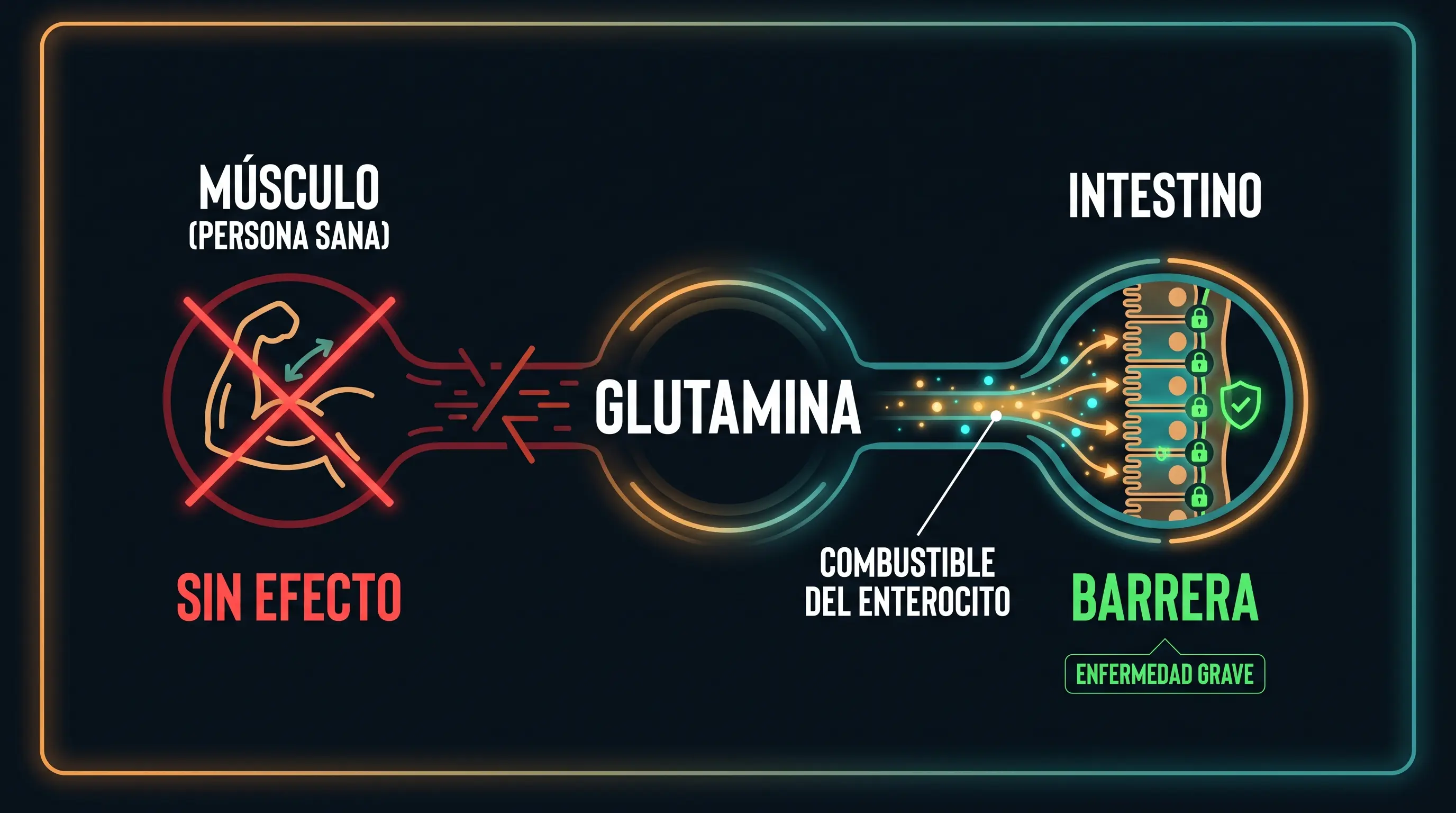 Diagrama que contrasta los dos usos de la glutamina: en el músculo de una persona sana no tiene efecto, mientras que en el intestino actúa como combustible del enterocito y ayuda a la barrera, sobre todo en enfermedad grave.