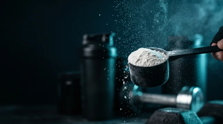 Polvo blanco de glutamina en un cacito bajo una luz dramática con un shaker desenfocado al fondo, que evoca su popularidad como suplemento de gimnasio pese a la evidencia floja para el músculo.