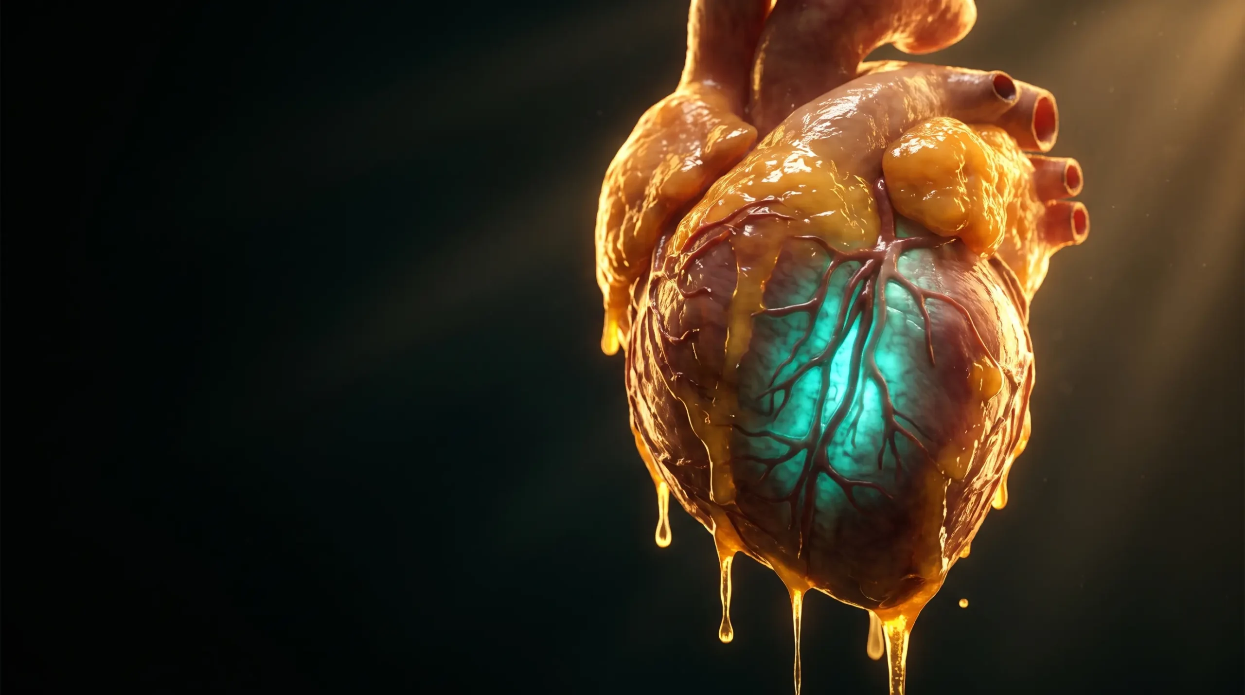Corazón rodeado de grasa epicárdica que se reduce y deja ver el músculo cardiaco, que ilustra el efecto de reducir este depósito.