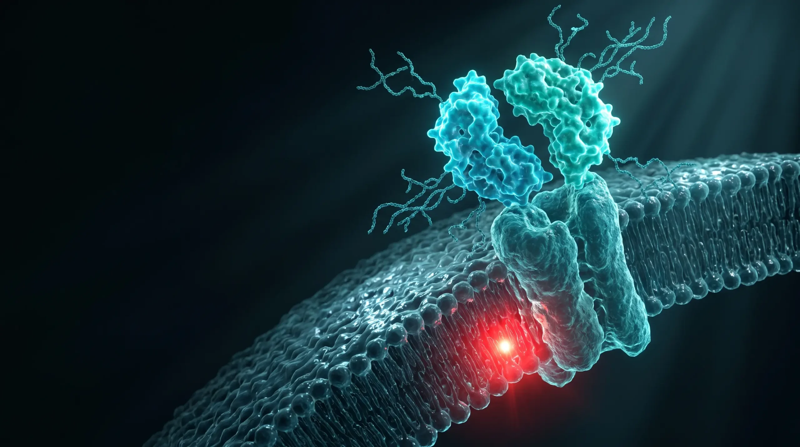 Ilustración molecular de la HCG, con sus dos subunidades, acoplándose al receptor LH/CG de la membrana celular y activando la señal en el interior.