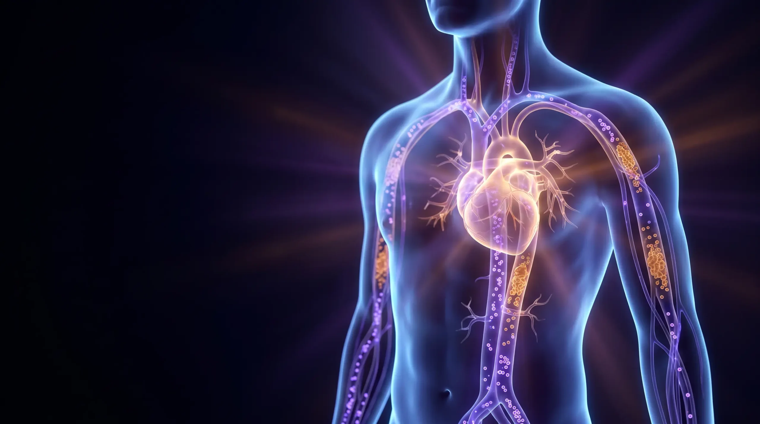 Figura anatómica translúcida de un cuerpo delgado con arterias coronarias iluminadas por las que circulan partículas de lipoproteína, algunas acumuladas como placa, sobre fondo oscuro.