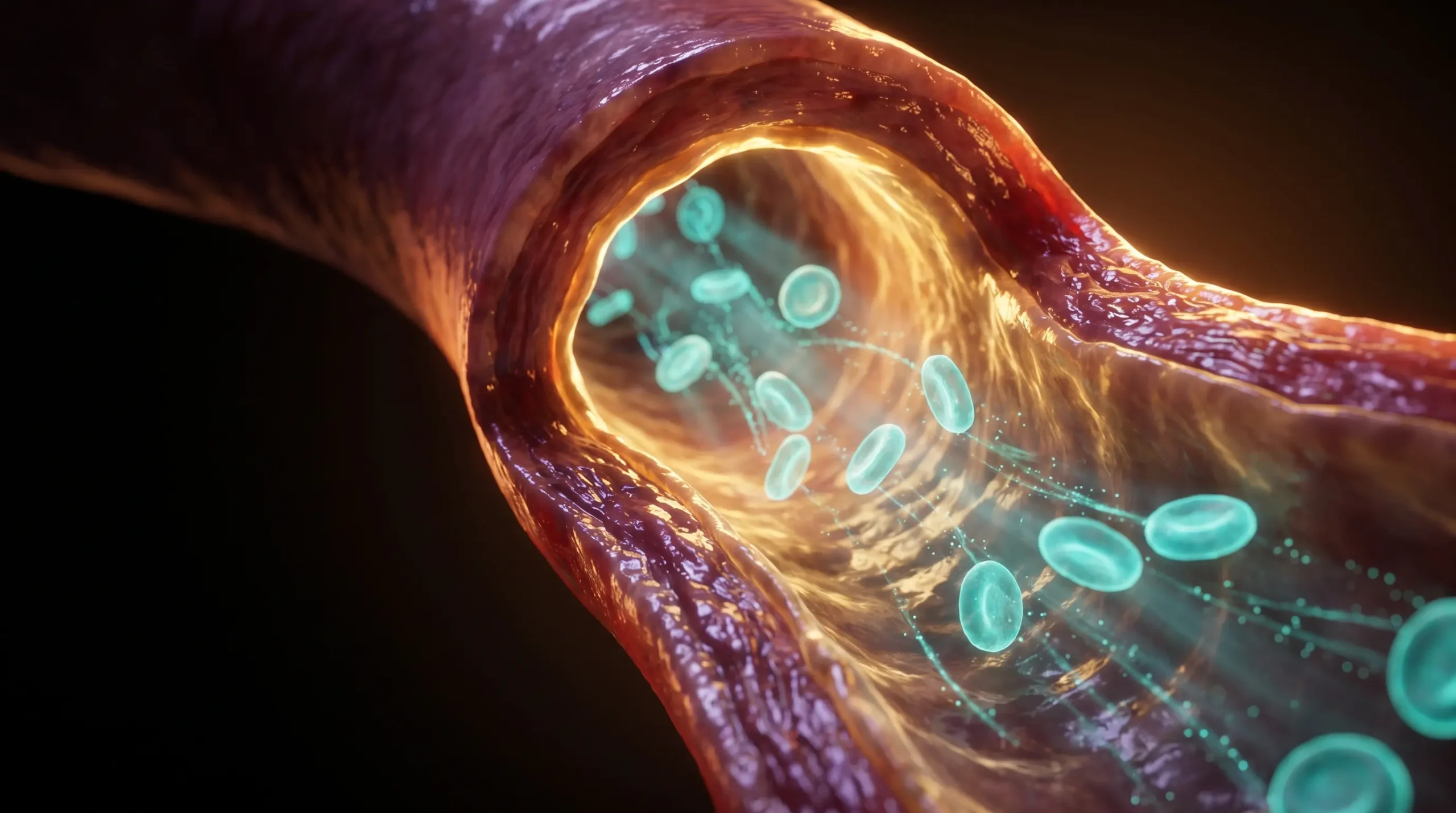 Vista del interior de una arteria dilatada con el endotelio iluminado, que ilustra el efecto vascular de los inhibidores PDE5.