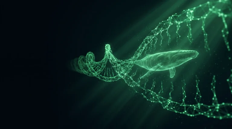Una red luminosa de datos genómicos en verde forma un río de información sobre fondo oscuro, con la silueta de una ballena longeva emergiendo de los datos, símbolo del trabajo de João Pedro de Magalhães.