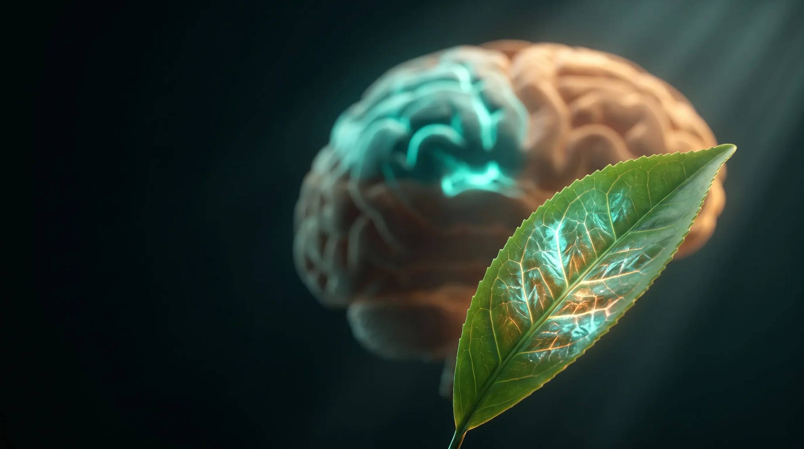 Ilustración de una hoja de té verde con una estructura luminosa y un cerebro al fondo con una zona de foco iluminada, que representa la L-teanina y la atención.