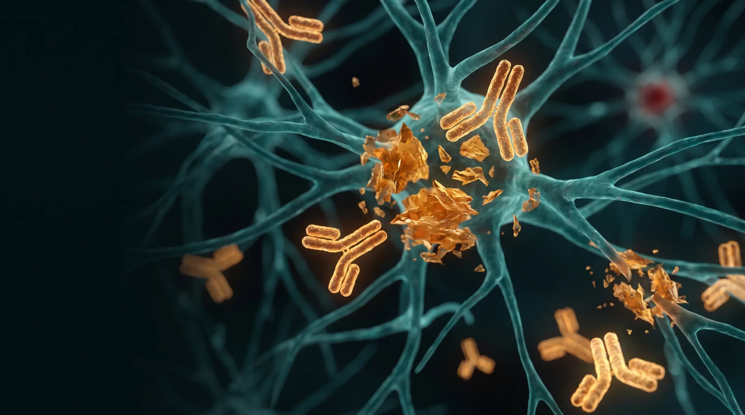 Ilustración de anticuerpos monoclonales disolviendo placas de amiloide entre neuronas, con un punto rojo que sugiere una microhemorragia.