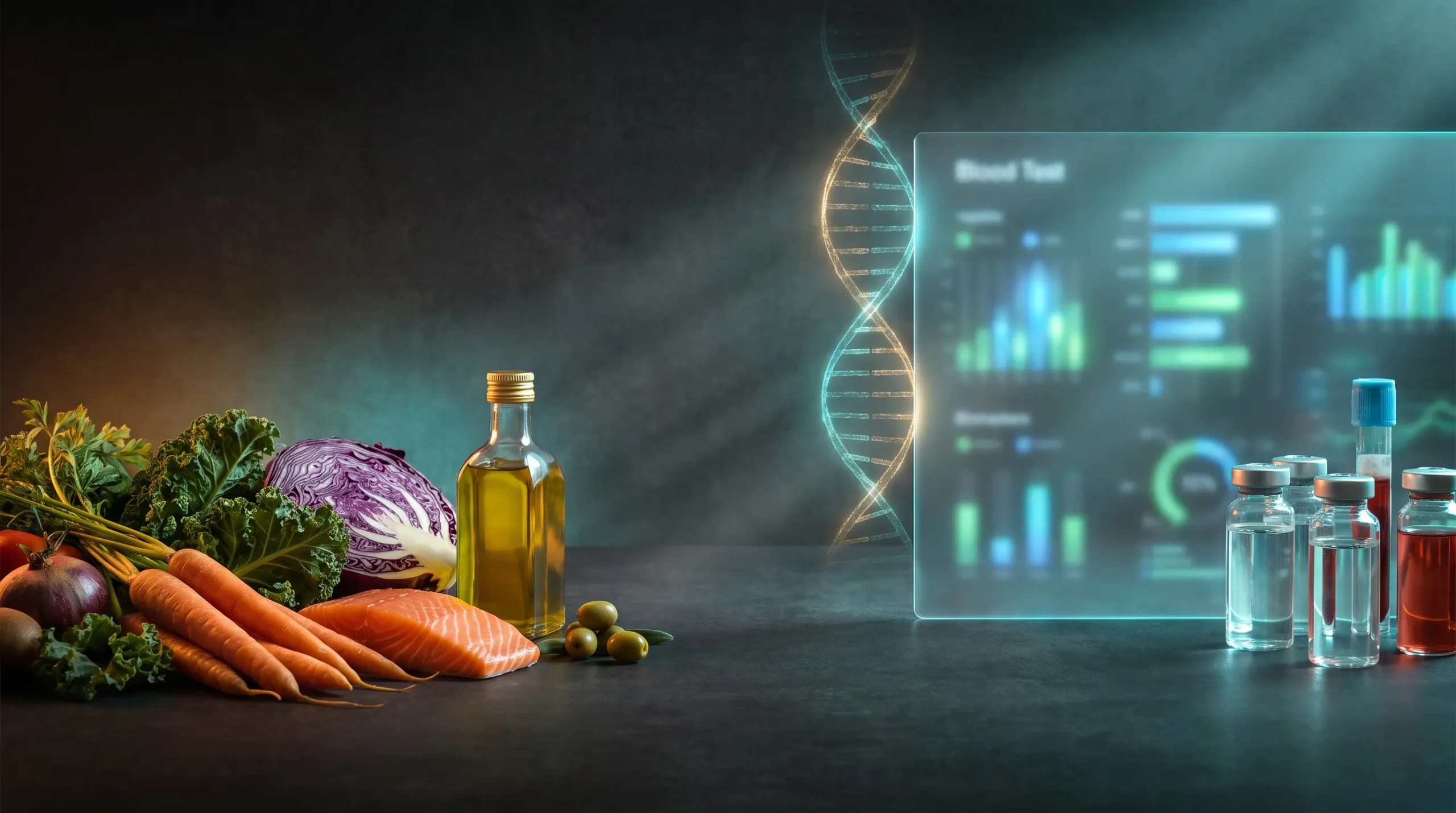 Comida real a un lado y un panel de biomarcadores de sangre al otro sobre fondo oscuro, una representación del enfoque de Mark Hyman entre la comida como medicina y el testeo a gran escala.