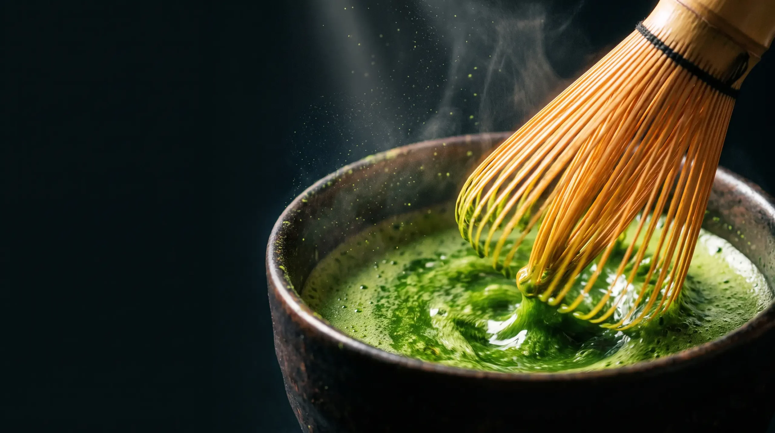 Polvo de matcha verde intenso disolviéndose en agua dentro de un cuenco oscuro con un batidor de bambú, ilustrando el té verde concentrado y su relación con la microbiota.