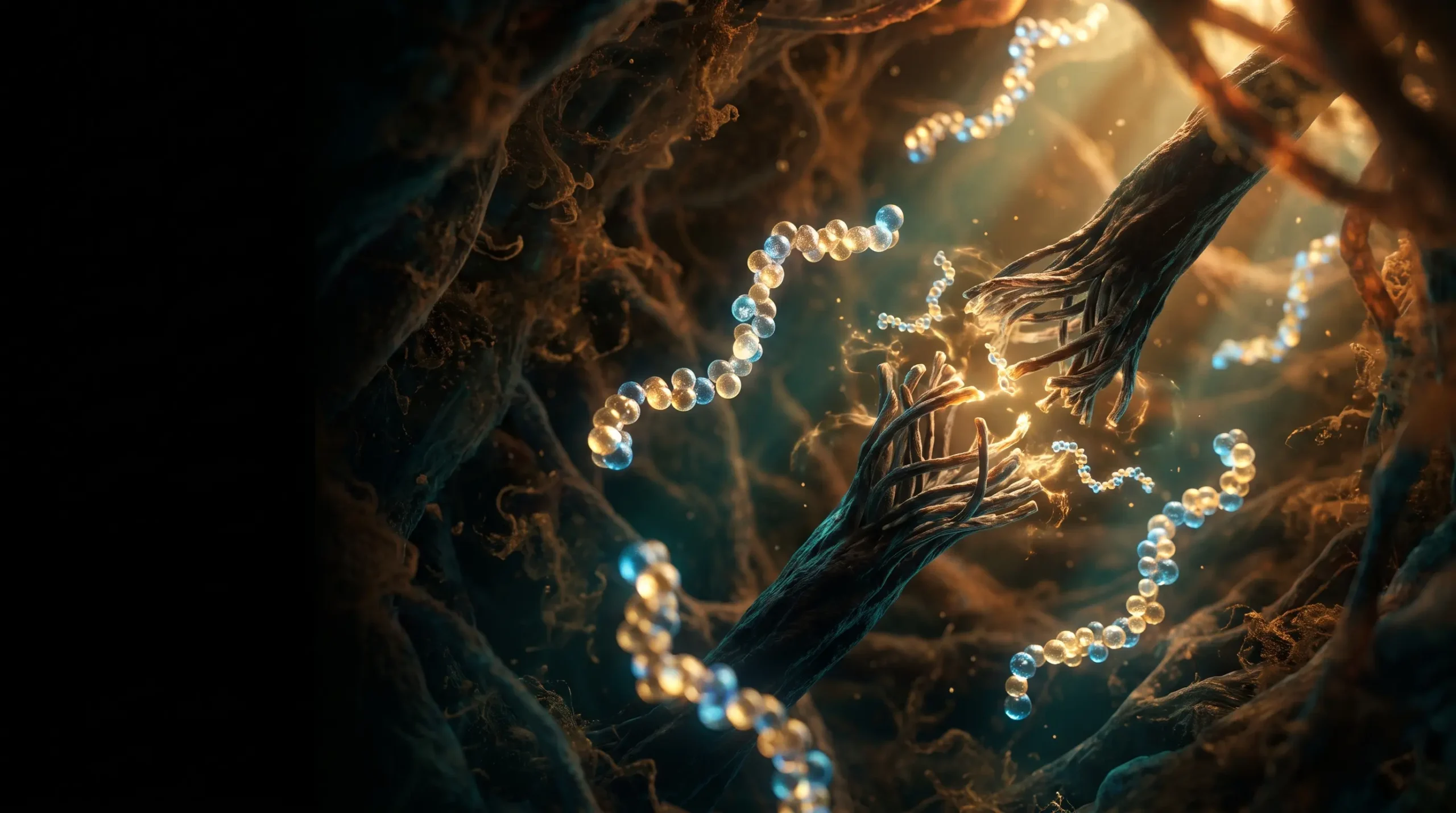 Varias cadenas de péptidos brillantes recorren el interior de un tejido hacia una fibra que se repara, ilustrando los péptidos antienvejecimiento y de reparación.