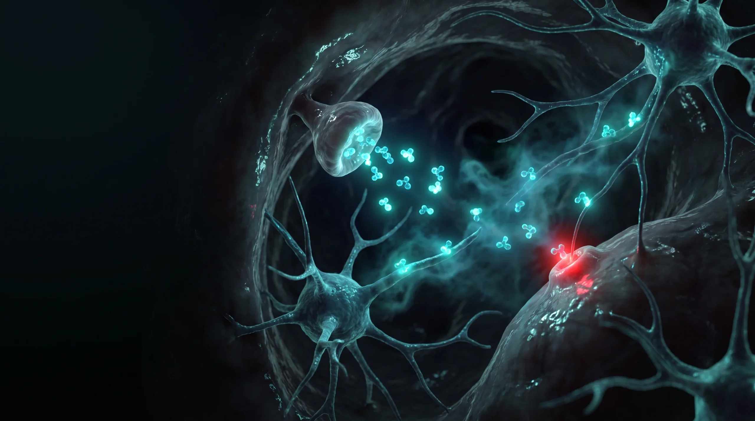 Ilustracion hiperrealista de la glandula pineal liberando melatonina hacia los receptores neuronales, con un punto de aviso en el punto de accion.