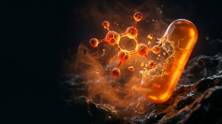 Una cápsula naranja se disuelve y libera una molécula grande de NAD+ que se rompe en fragmentos en un entorno ácido, sobre fondo oscuro, ilustrando por qué el NAD+ oral apenas se absorbe.