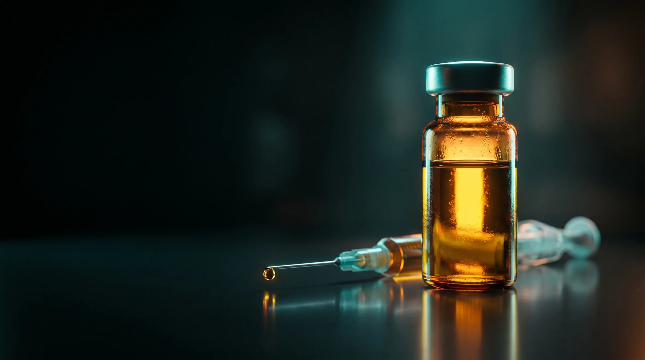 Un vial de líquido ámbar y una jeringa fina sobre una superficie clínica oscura, ilustrando el NAD+ inyectable que vende NADdirect.
