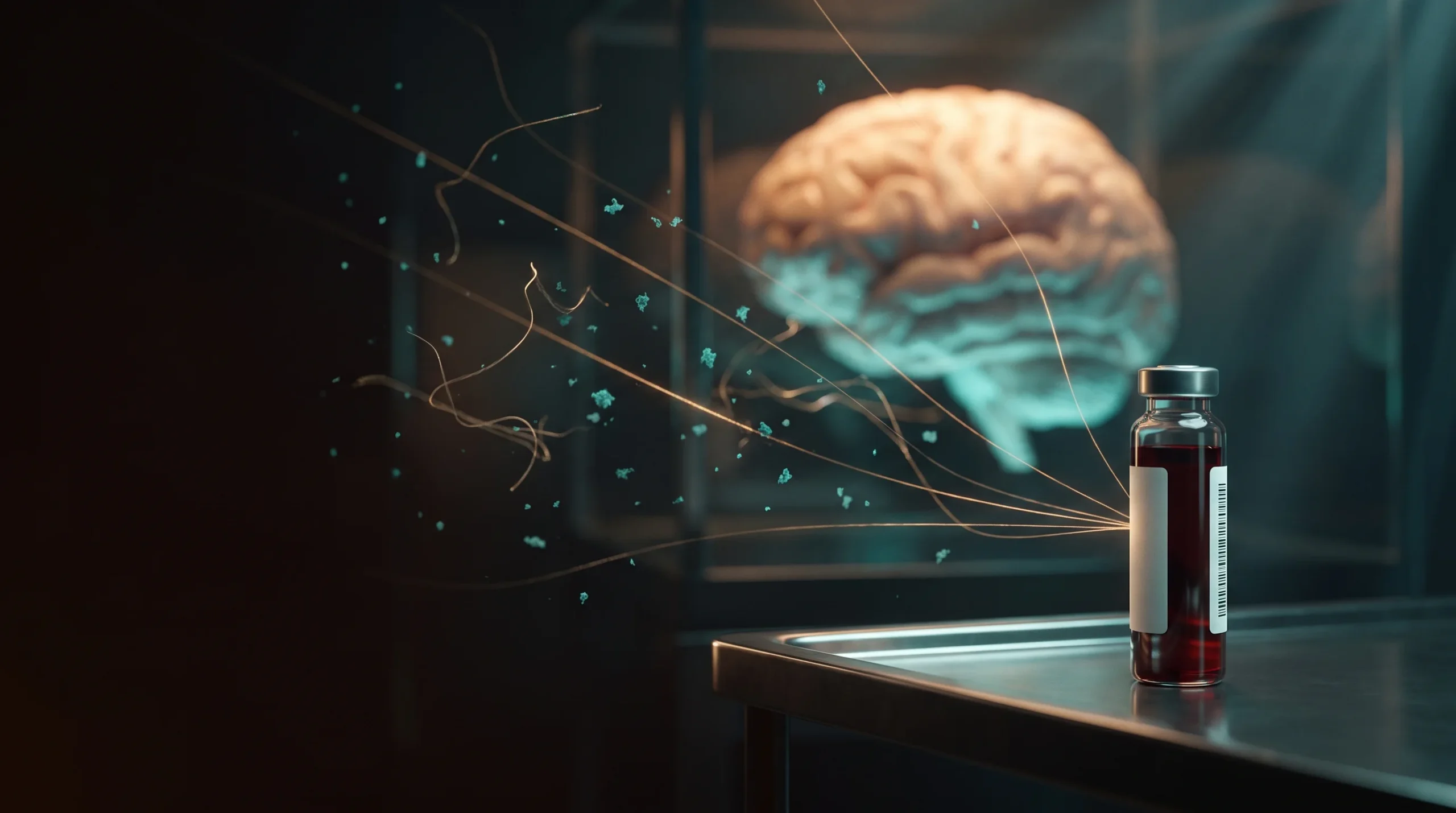 Ilustración de un vial de sangre frente a un cerebro con filamentos de tau y amiloide, que representa el biomarcador p-tau217 del Alzheimer.